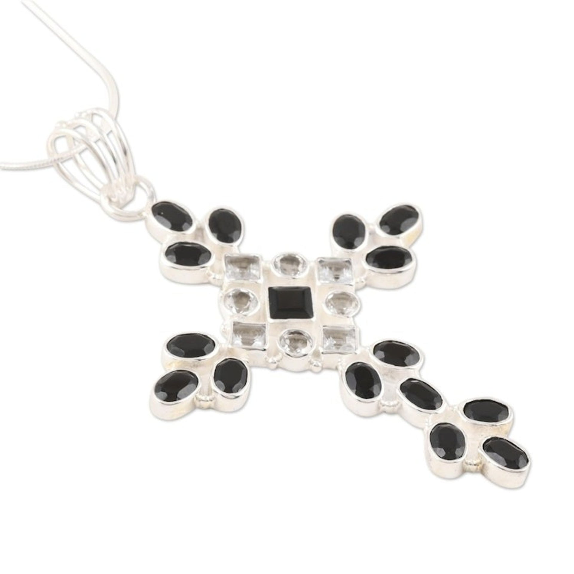 Sterling Silver Onyx and Quartz Necklace Cross Jewelry 'Honesty'