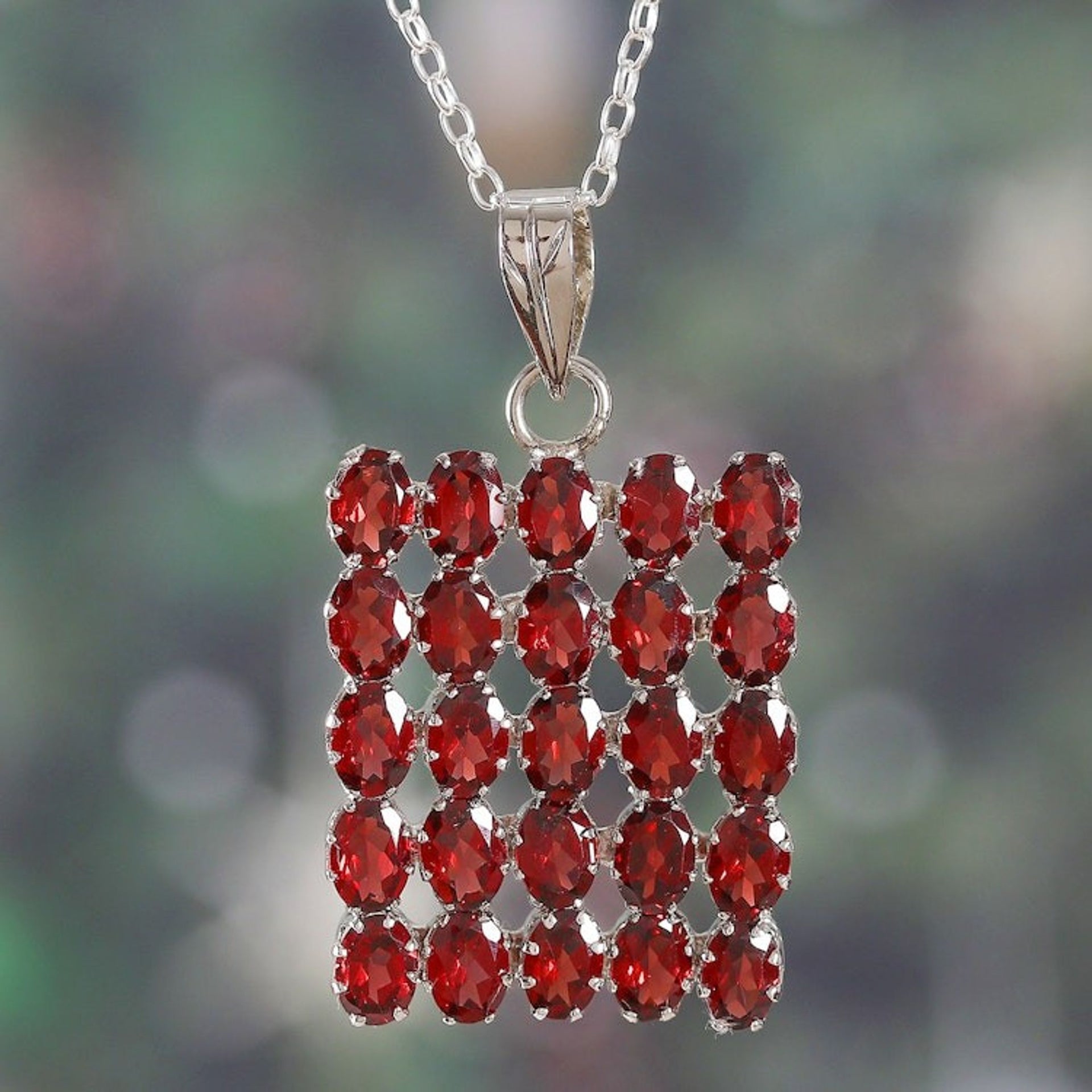 Rhodium-Accented Pendant Necklace with 25 Carat Garnet Gems 'Crimson Cluster'