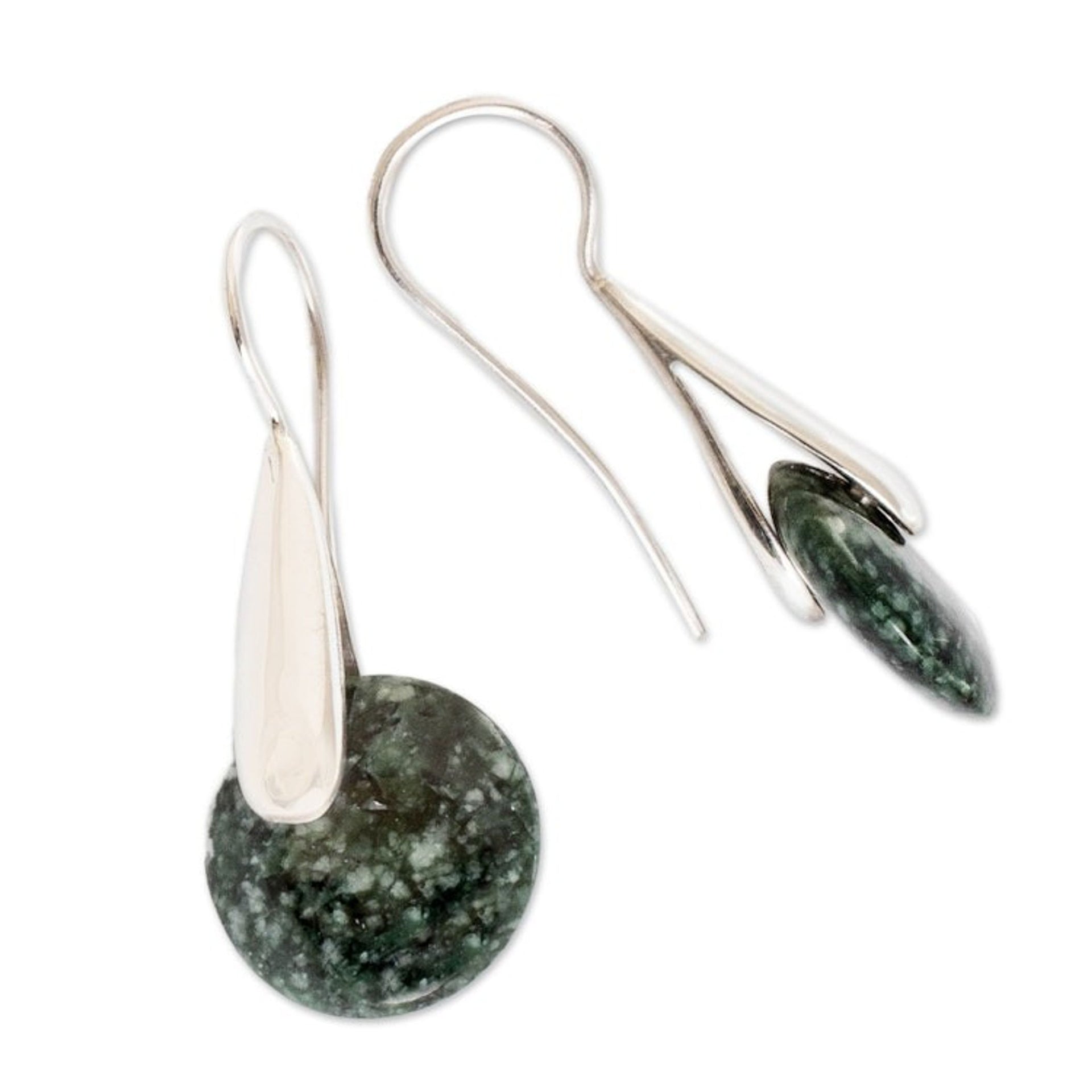 Modern Green Jade Silver Drop Earrings with Circle Motif 'Green Circle of Love'
