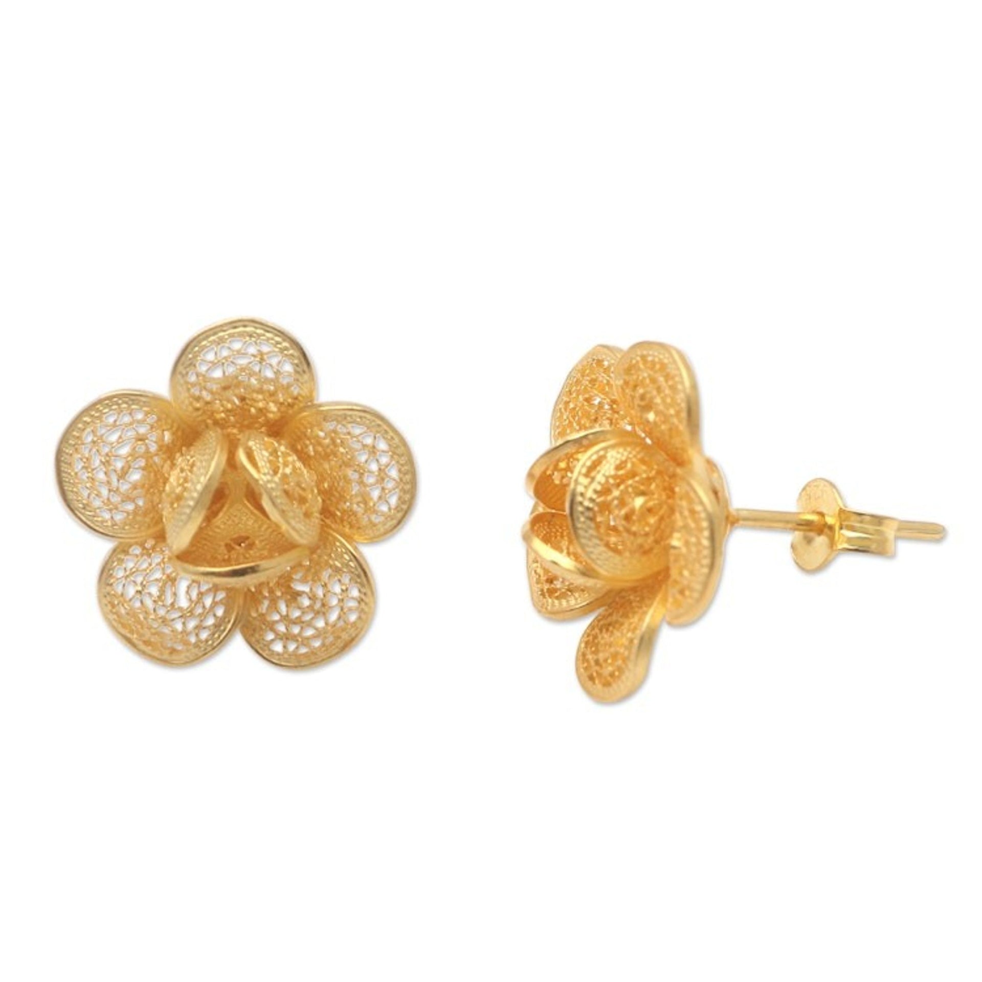 Gold-Plated Floral Button Earrings 'Frangipani Light'