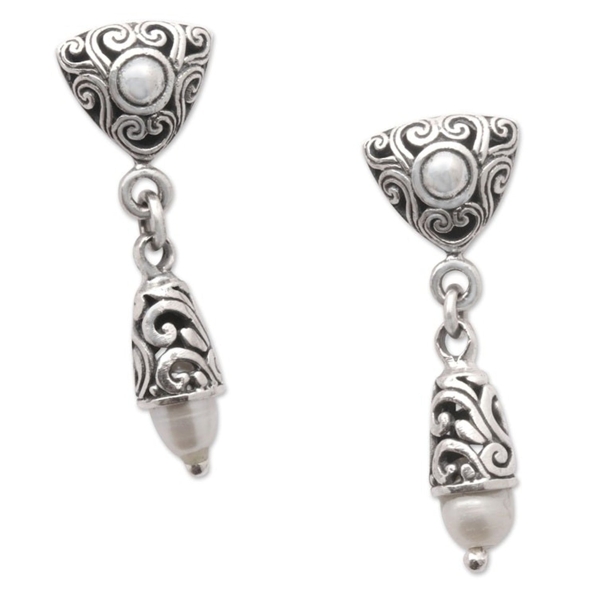 Geometric Dangle Earrings with Traditional Motifs and Pearls 'Traditional Triangles'