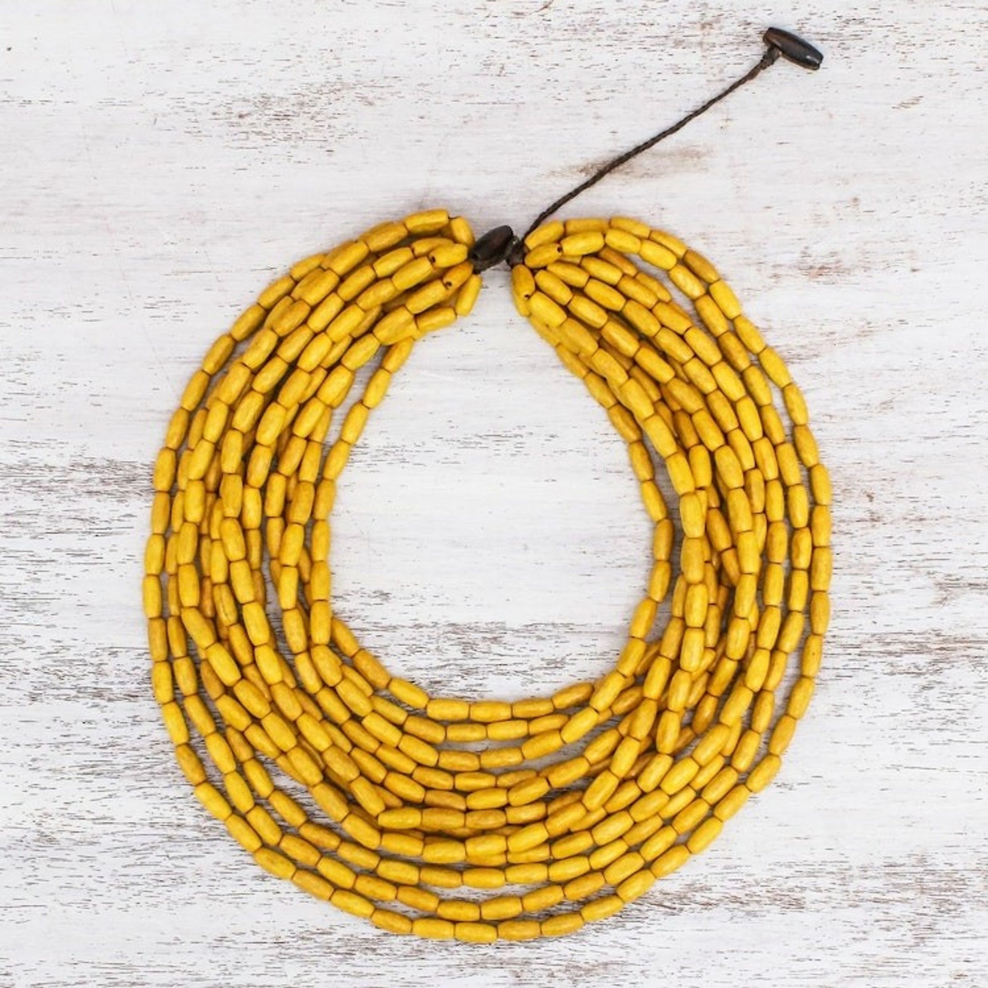 Wood Beaded Strand Necklace in Maize from Thailand 'Cute Boho in Maize'