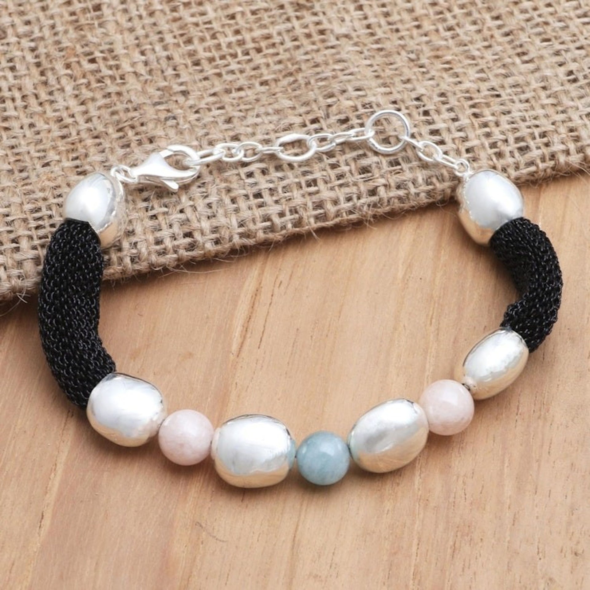 Hand Crafted Rose Quartz and Beryl Beaded Bracelet 'Candy Crush'