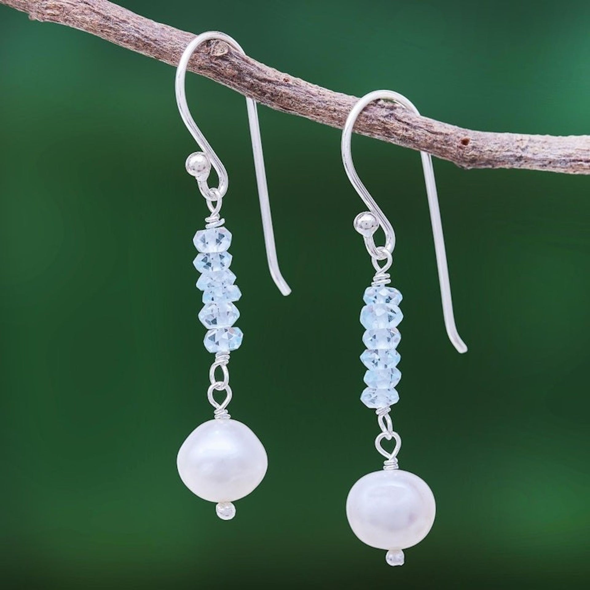 Blue Topaz and Cultured Pearl Dangle Earrings 'Iced'