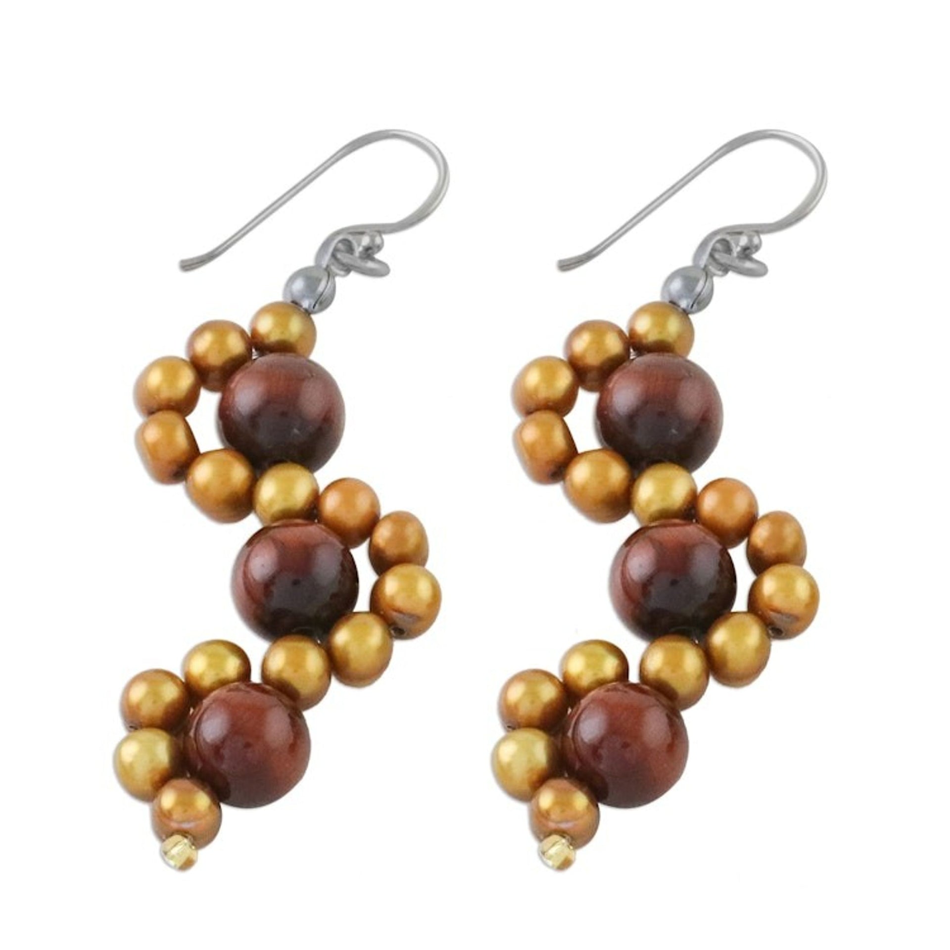 Tiger's Eye and Cultured Pearl Dangle Earrings from Thailand 'Dancing Gems'