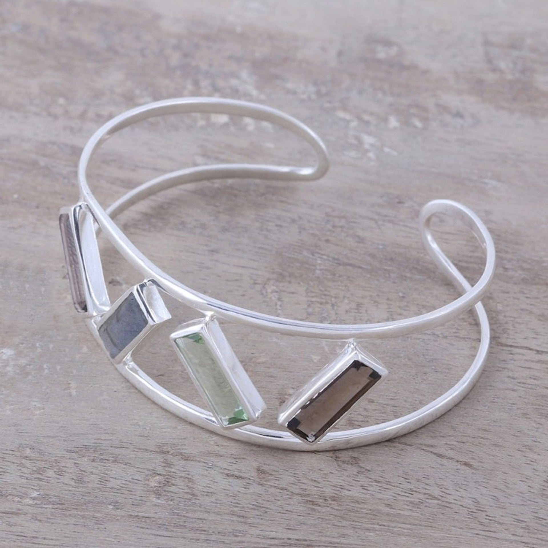 Multi-Gemstone and Sterling Silver Modern Cuff Bracelet 'Tilted Windows'
