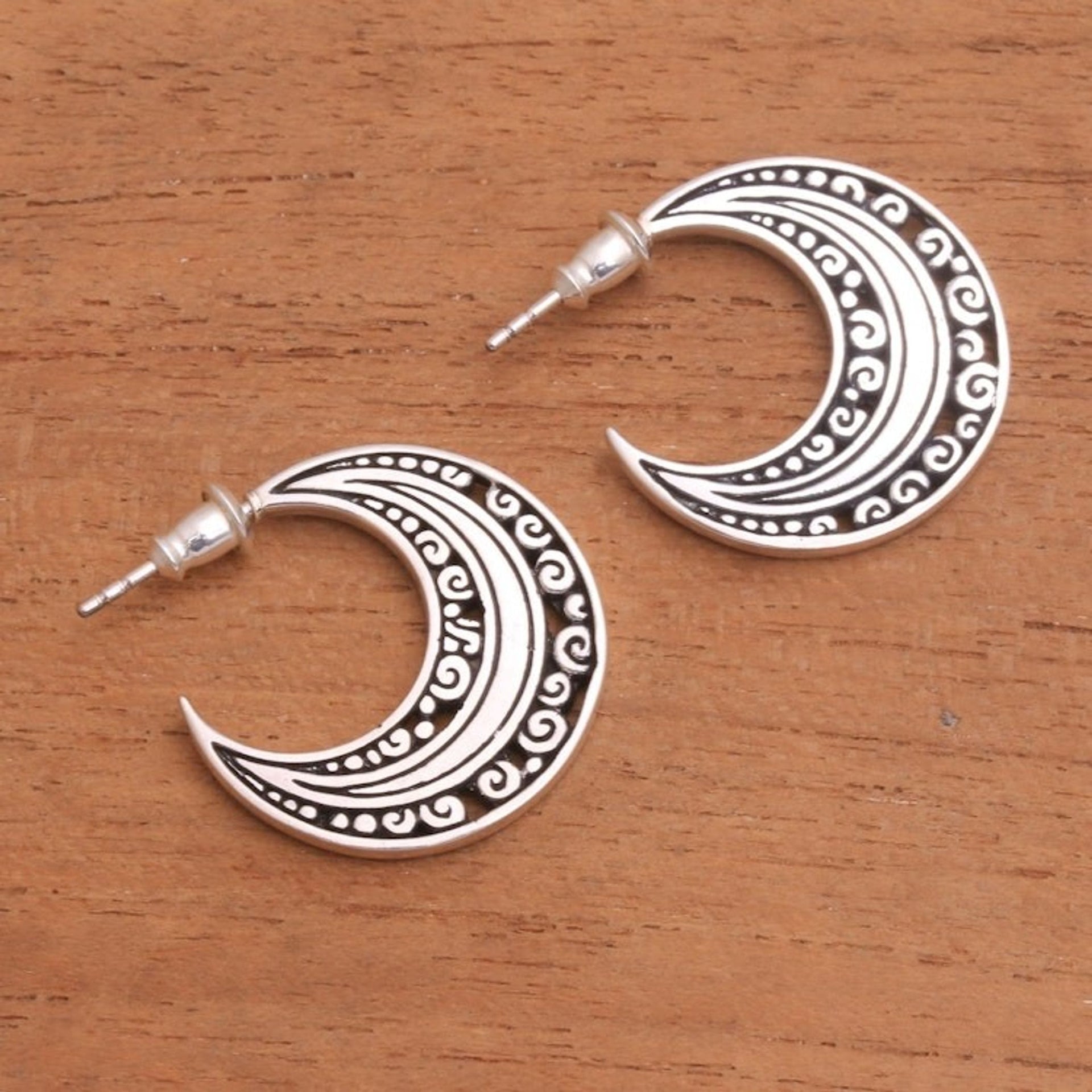 Sterling Silver Crescent Half-Hoop Earrings from Bali 'Curling Crescents'