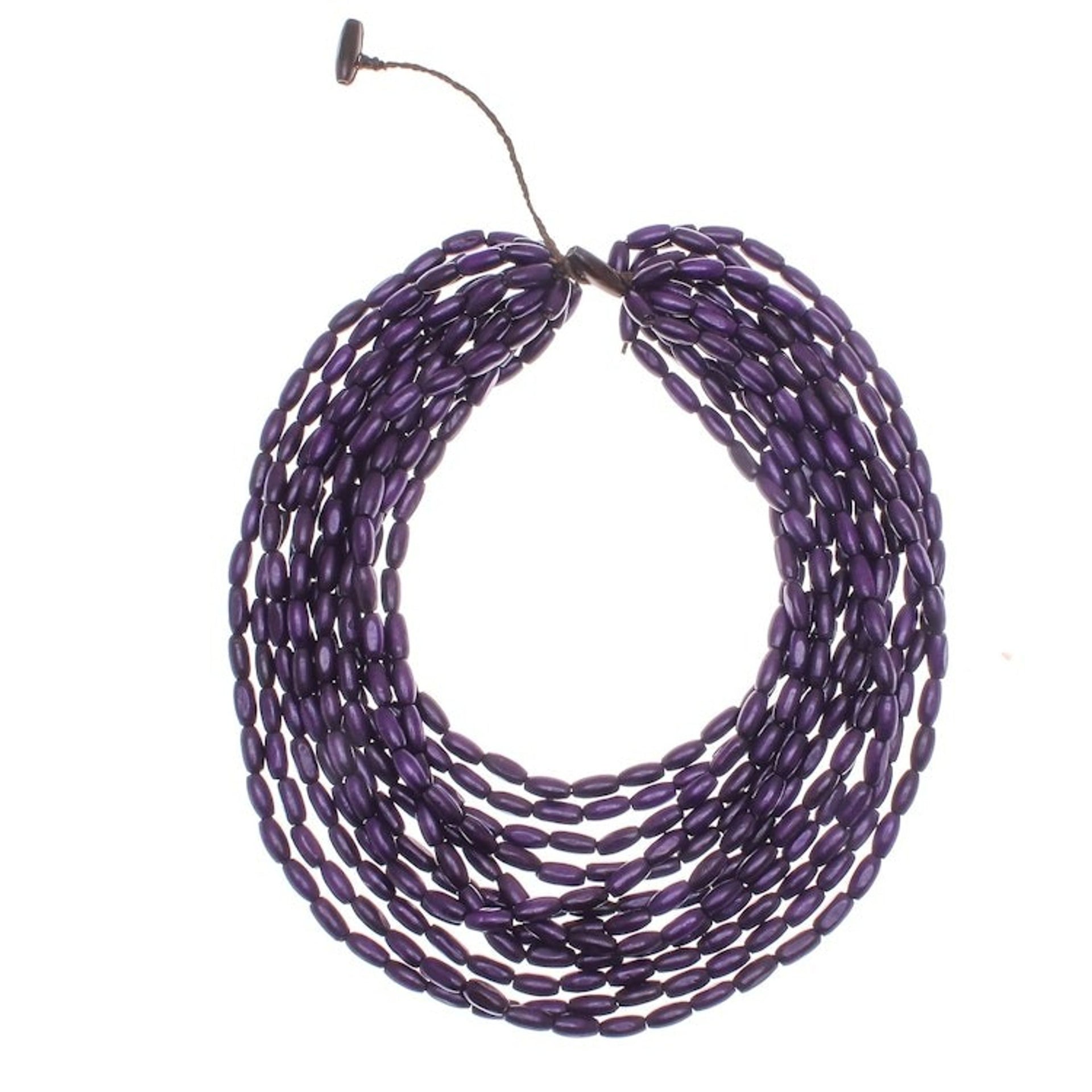 Wood Beaded Strand Necklace in Blue-Violet from Thailand 'Cute Boho in Blue-Violet'