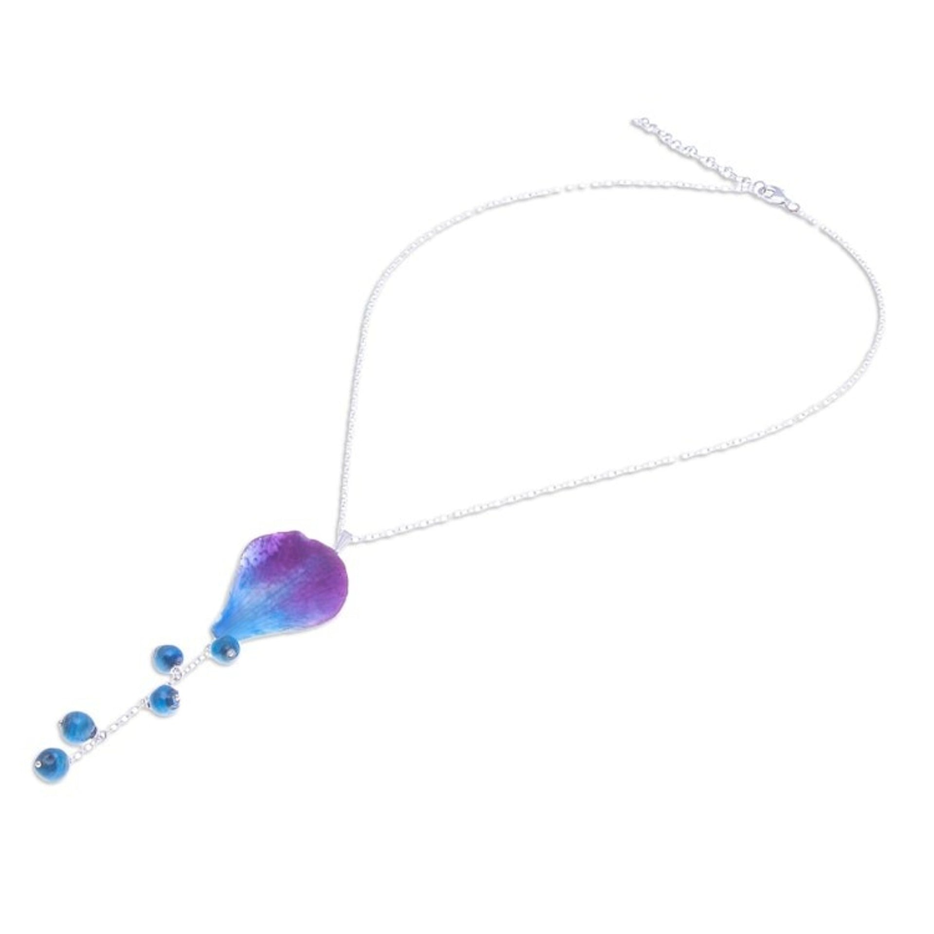 Artisan Crafted Orchid Petal Pendant Necklace 'Bloom Balloon in Blue'
