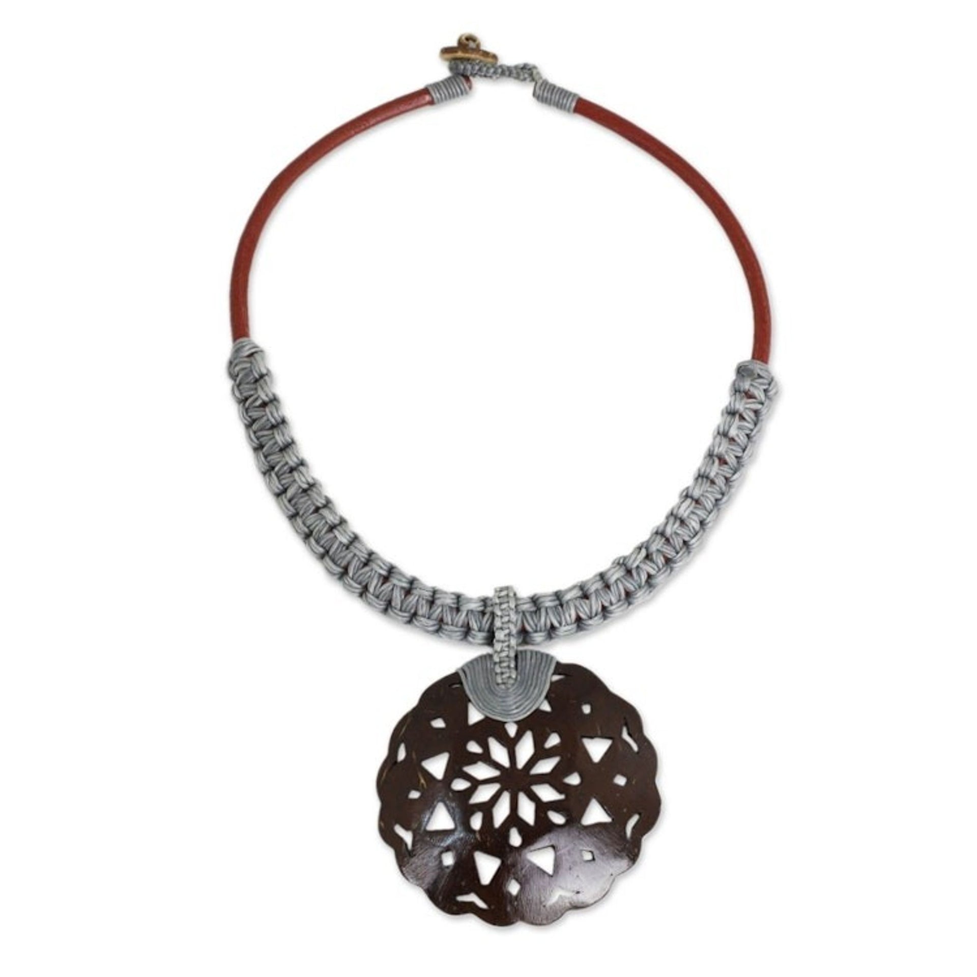 Coconut Shell Leather and Gray Macrame Pendant Necklace 'Charming Thailand in Gray'