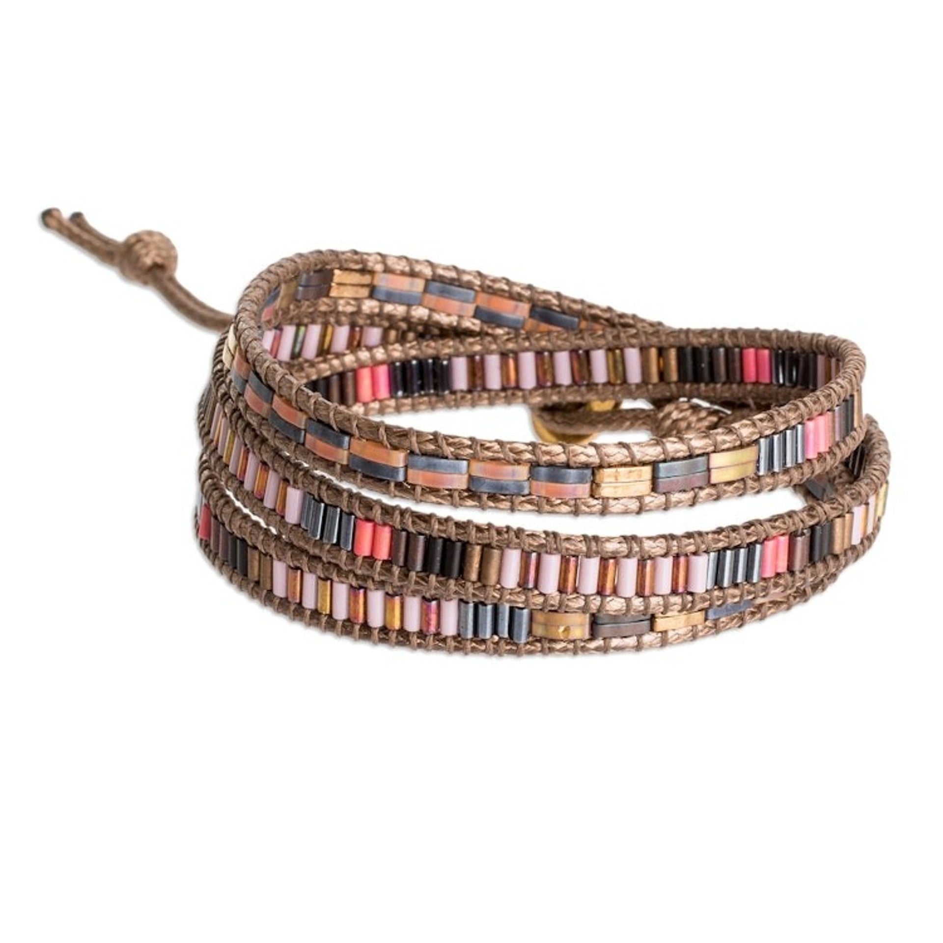 Glass Beaded Wrap Bracelet with Tibetan-Style Pewter Button 'Earthy Chic'
