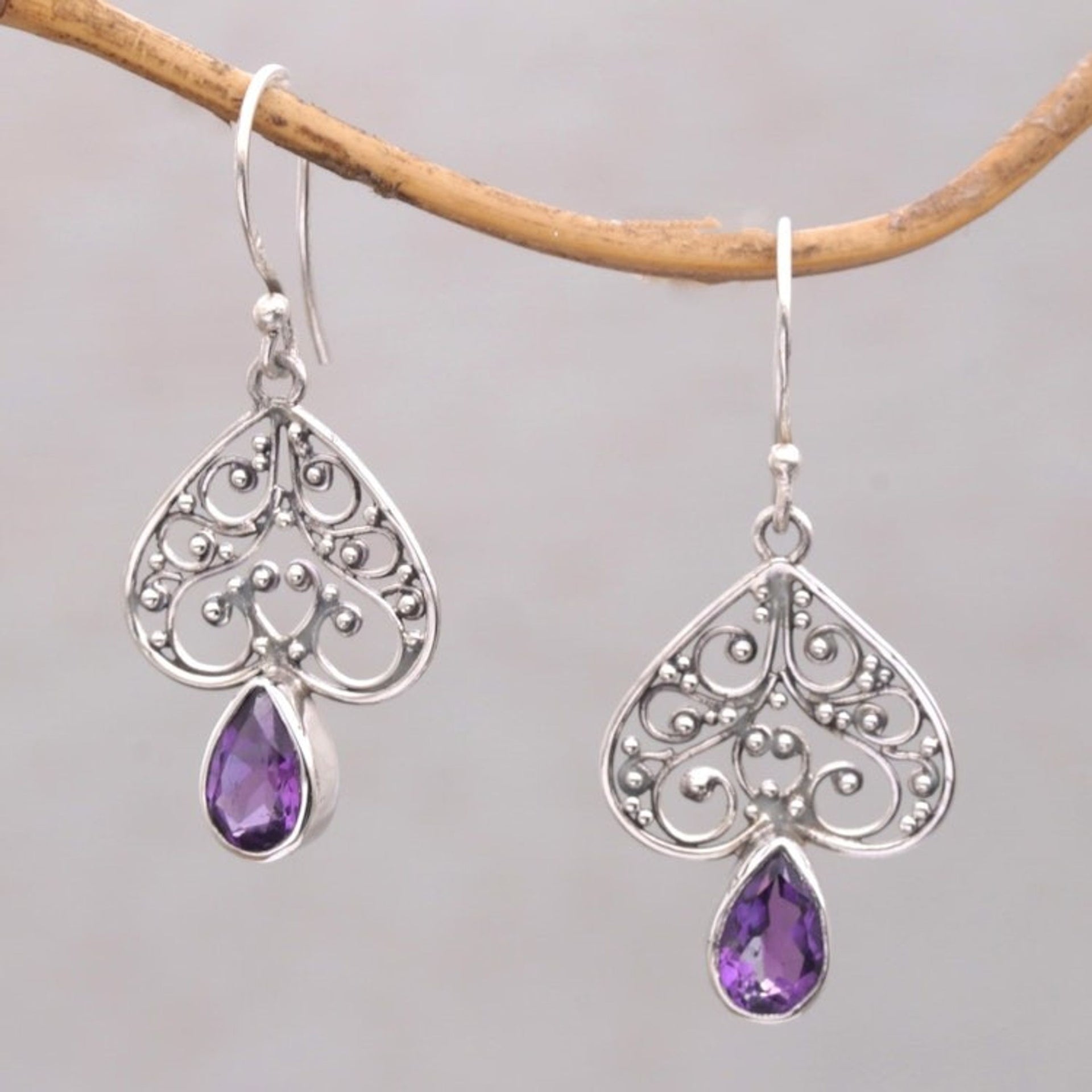 Amethyst and Sterling Silver Dangle Earrings from Bali 'Regal Spades'
