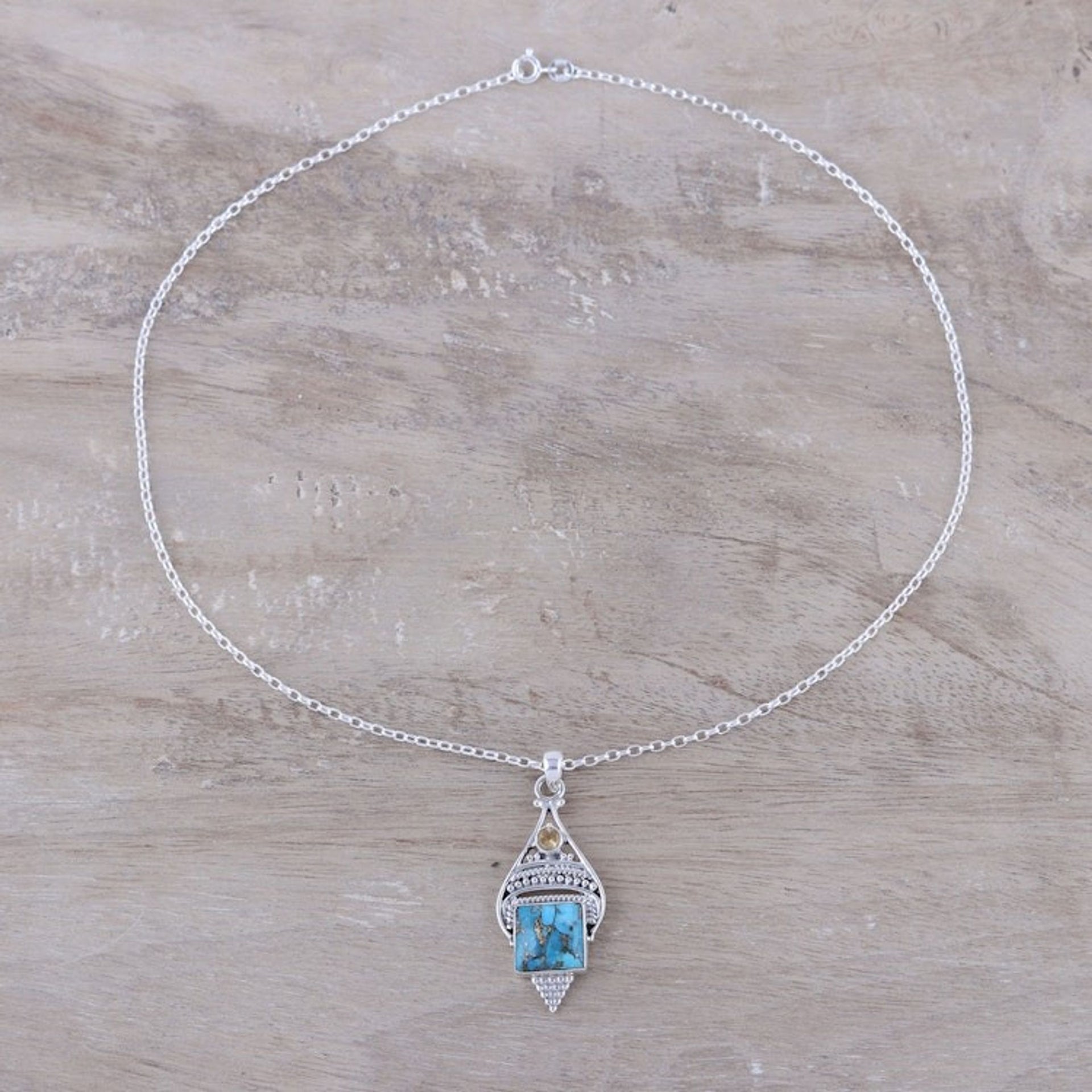 Citrine and Composite Turquoise Pendant Necklace from India 'Mythic Ocean'