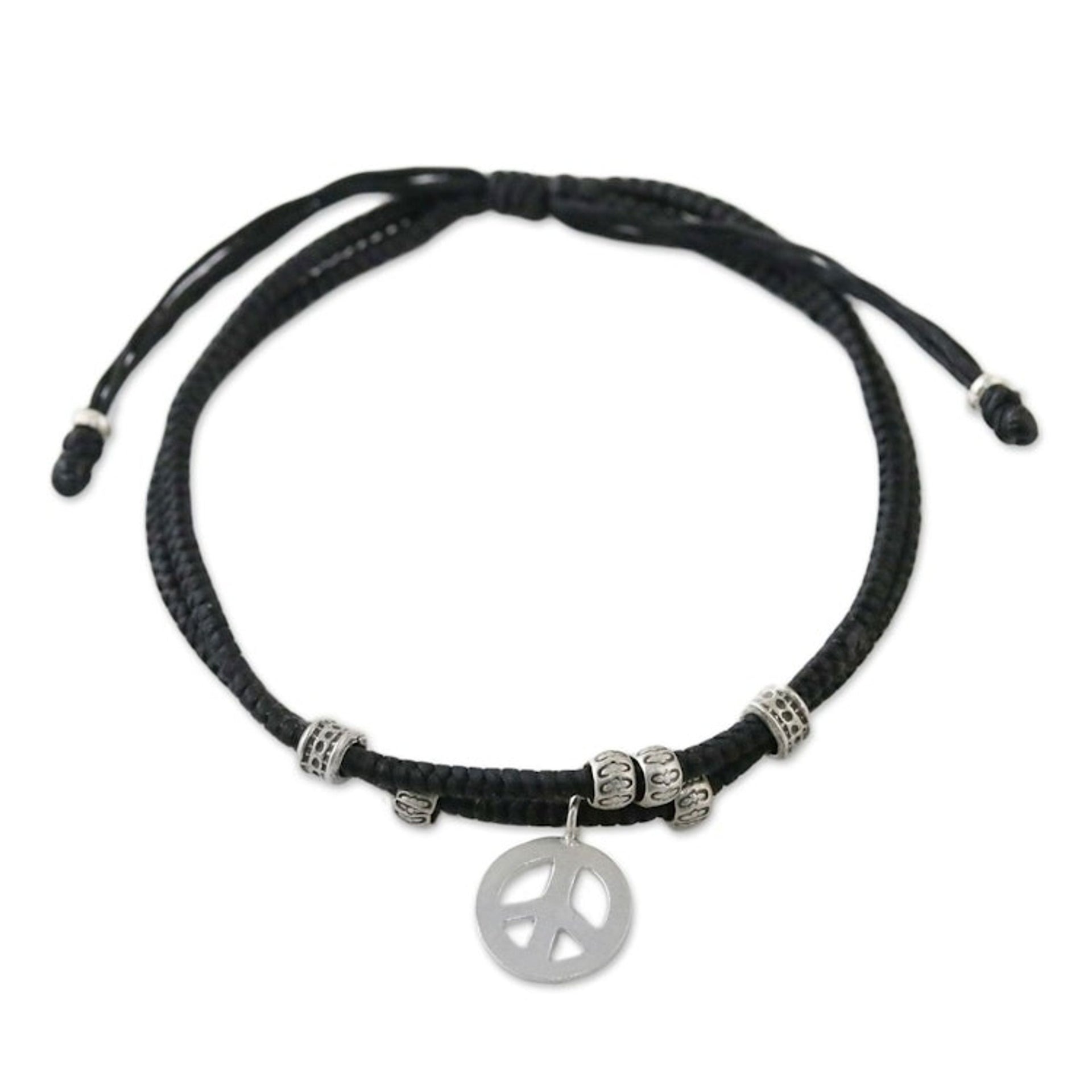 Ebony Colored Cord Beaded Bracelet with Silver Peace Charm 'Peace and Amity'