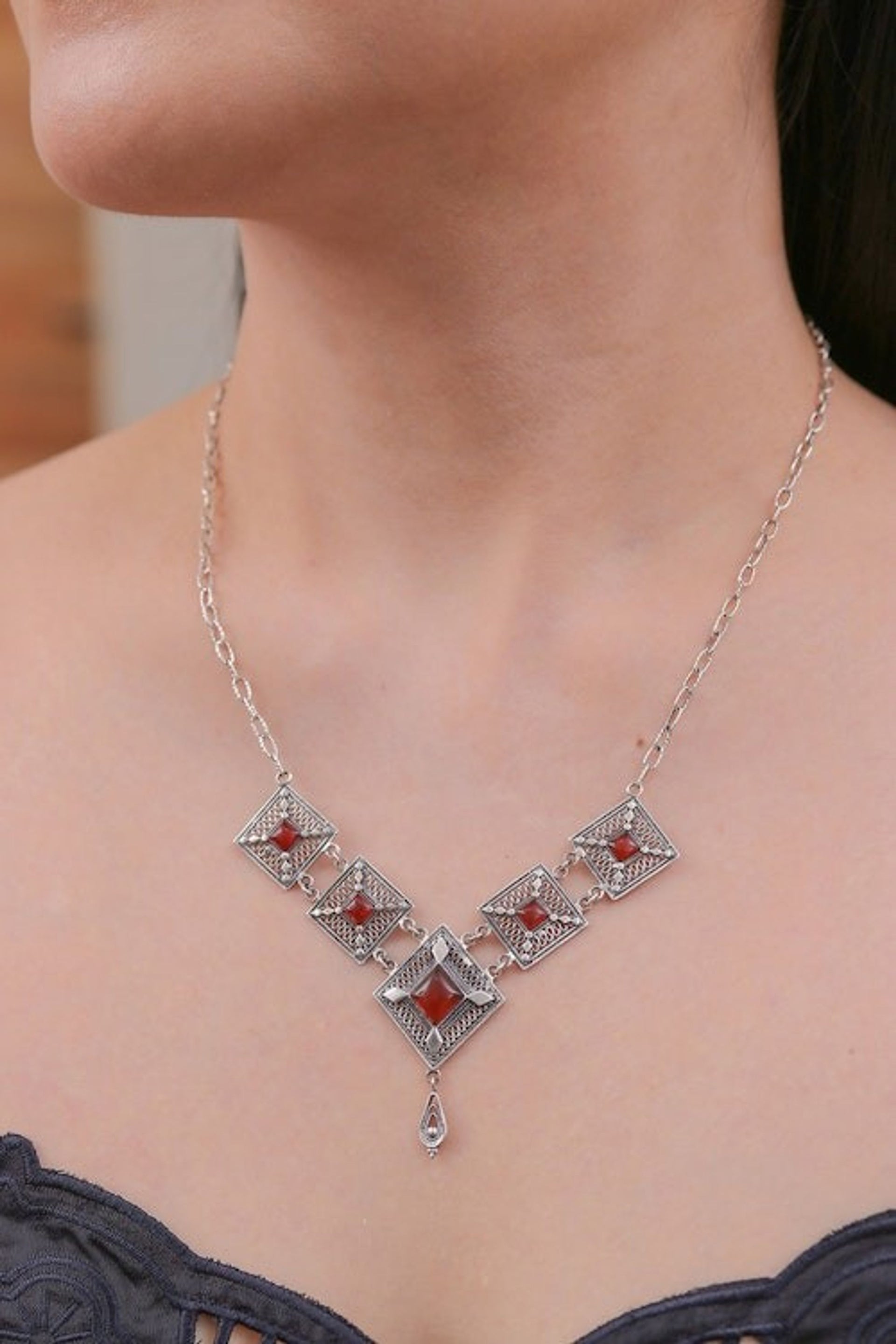 Natural Carnelian Cabochon Link Pendant Necklace 'Fiery Prima Donna'