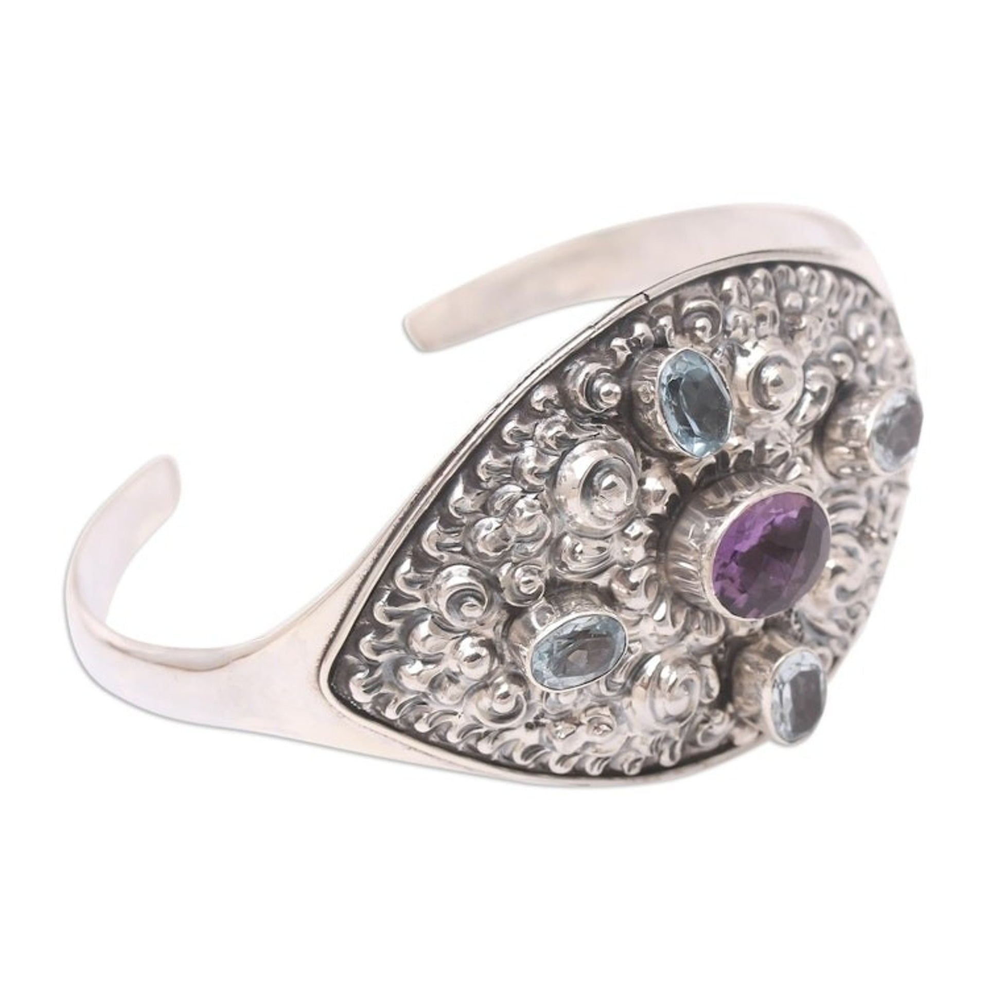 Handmade Blue Topaz and Amethyst Cuff Bracelet 'Elephant Cave in Blue'