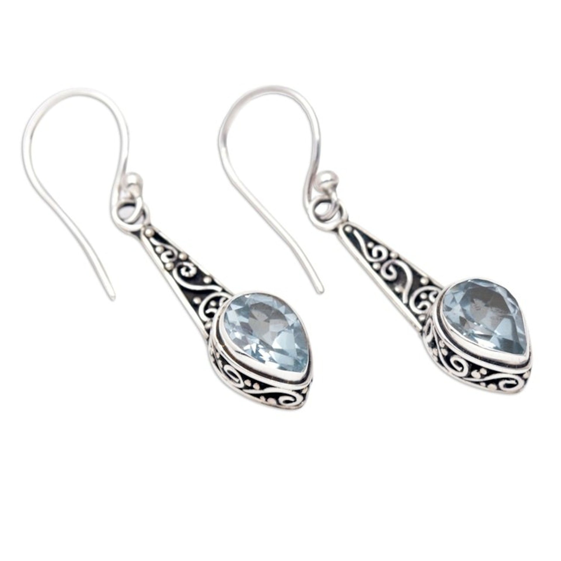 Faceted Two-Carat Blue Topaz Dangle Earrings Crafted in Bali 'Blue Balinese Heaven'