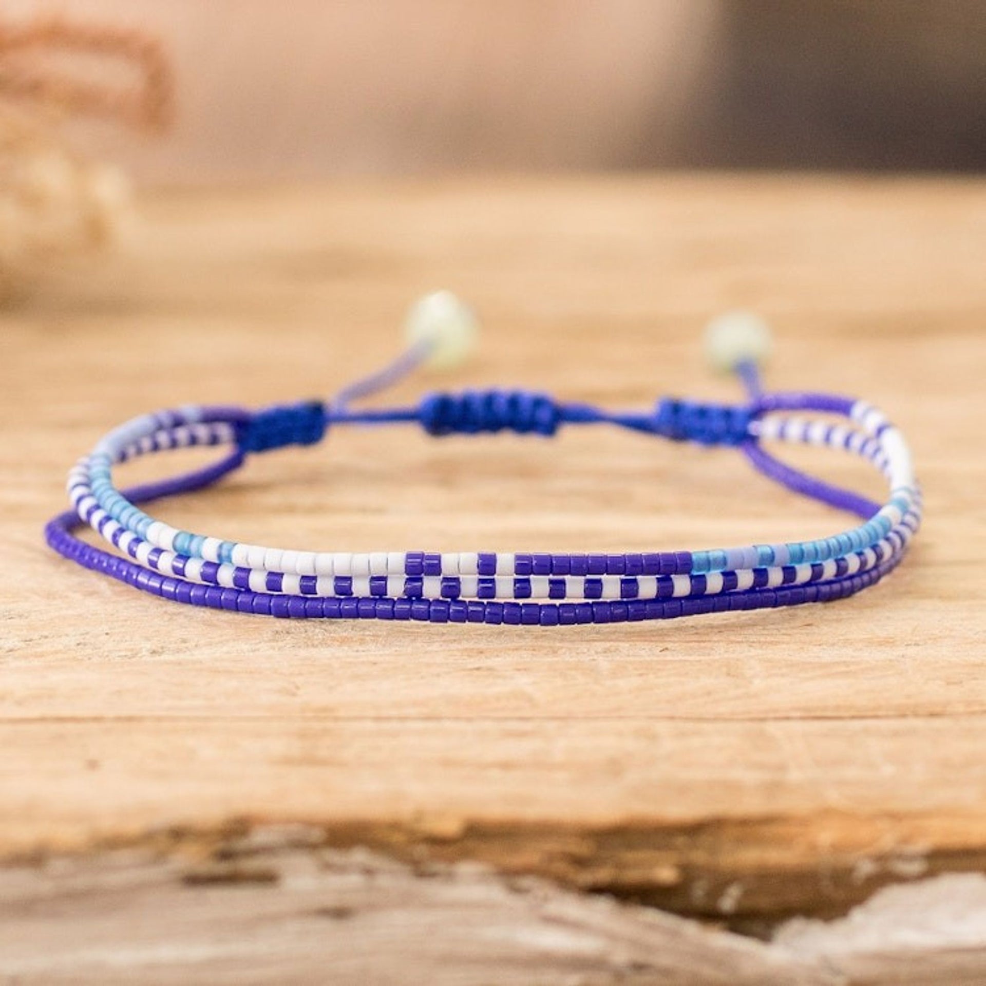 Handcrafted Blue Glass Beaded Three-Strand Bracelet 'Marine Lives'