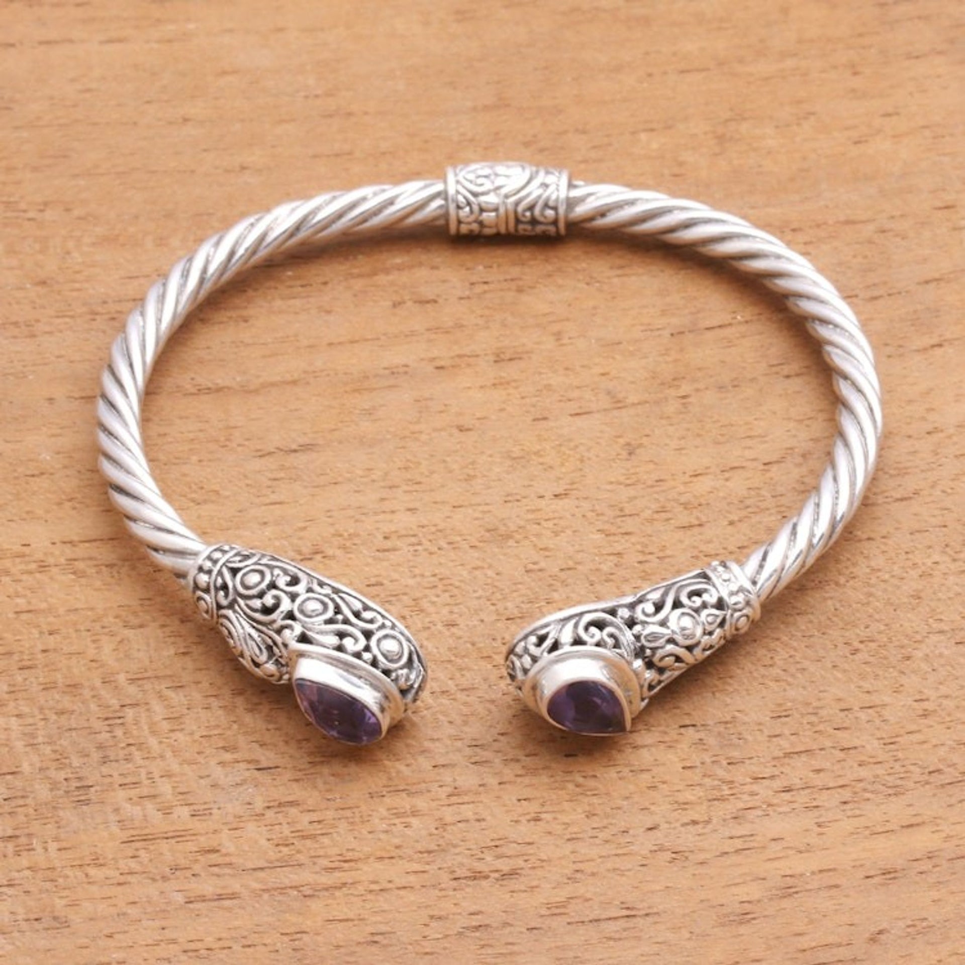 Vine Pattern Amethyst Cuff Bracelet from Bali 'Vine Inspiration'