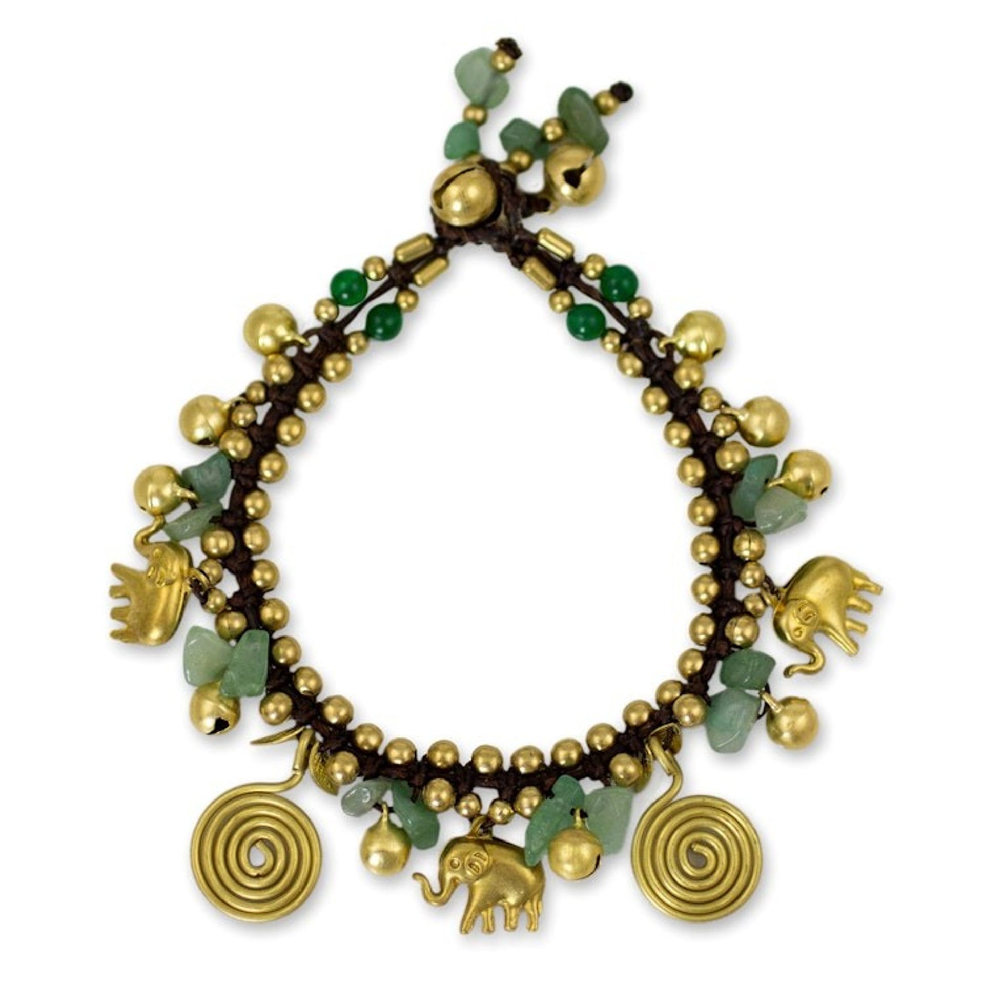 Hand Made Brass and Aventurine Elephant Charm Bracelet 'Splendor of Siam'