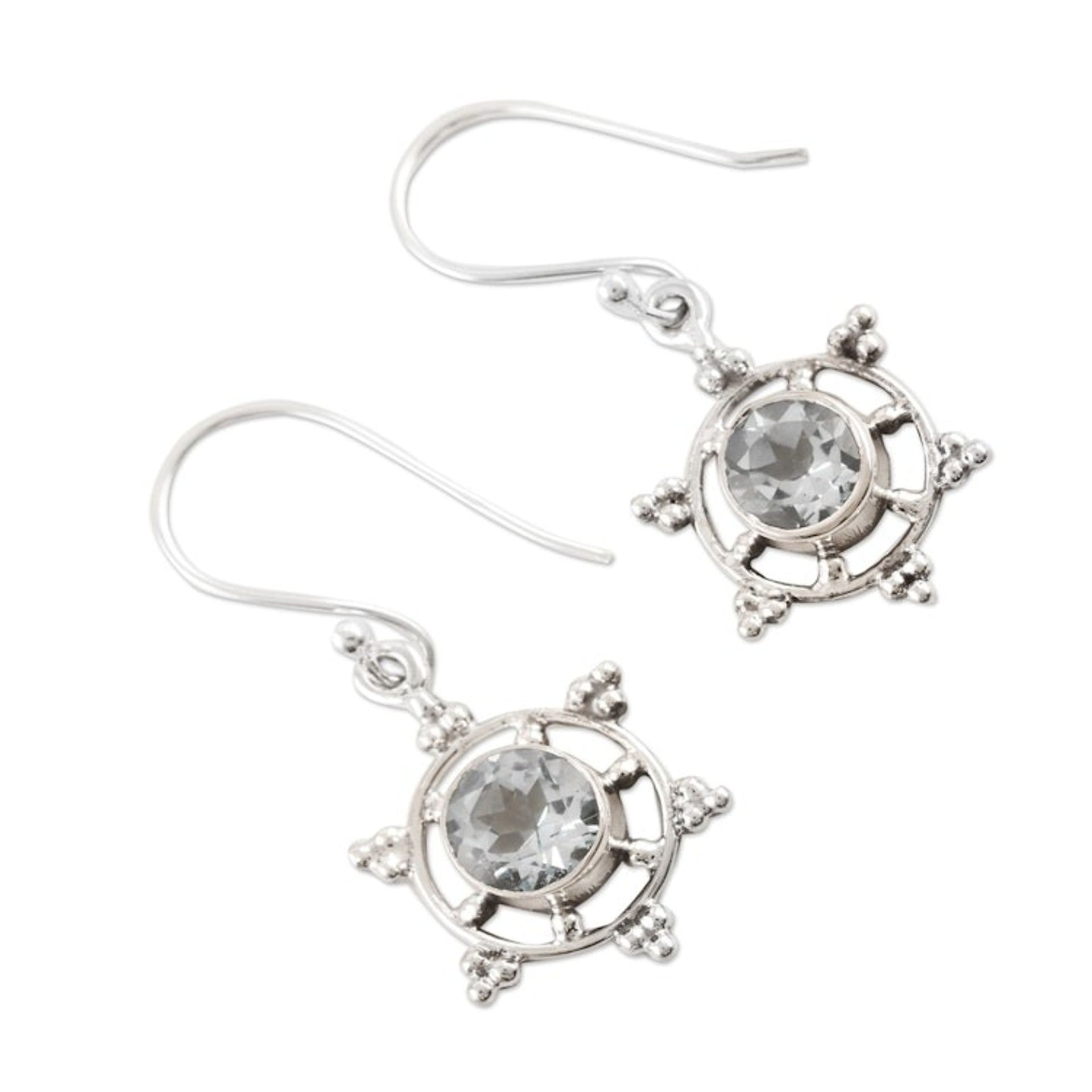 Ship Wheel-Shaped Silver Dangle Earrings with Blue Topaz 'Chic Wheel'