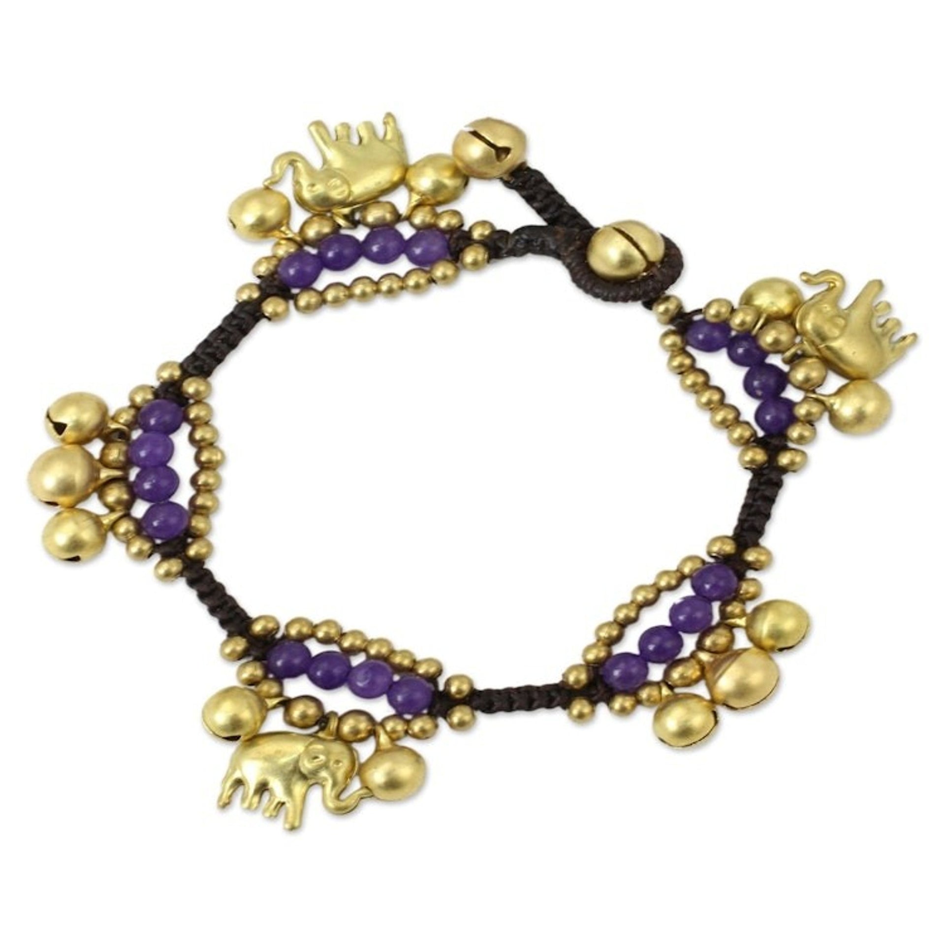 Elephant and Bell Charm Bracelet in Purple Quartz and Brass 'Fortune's Melody'