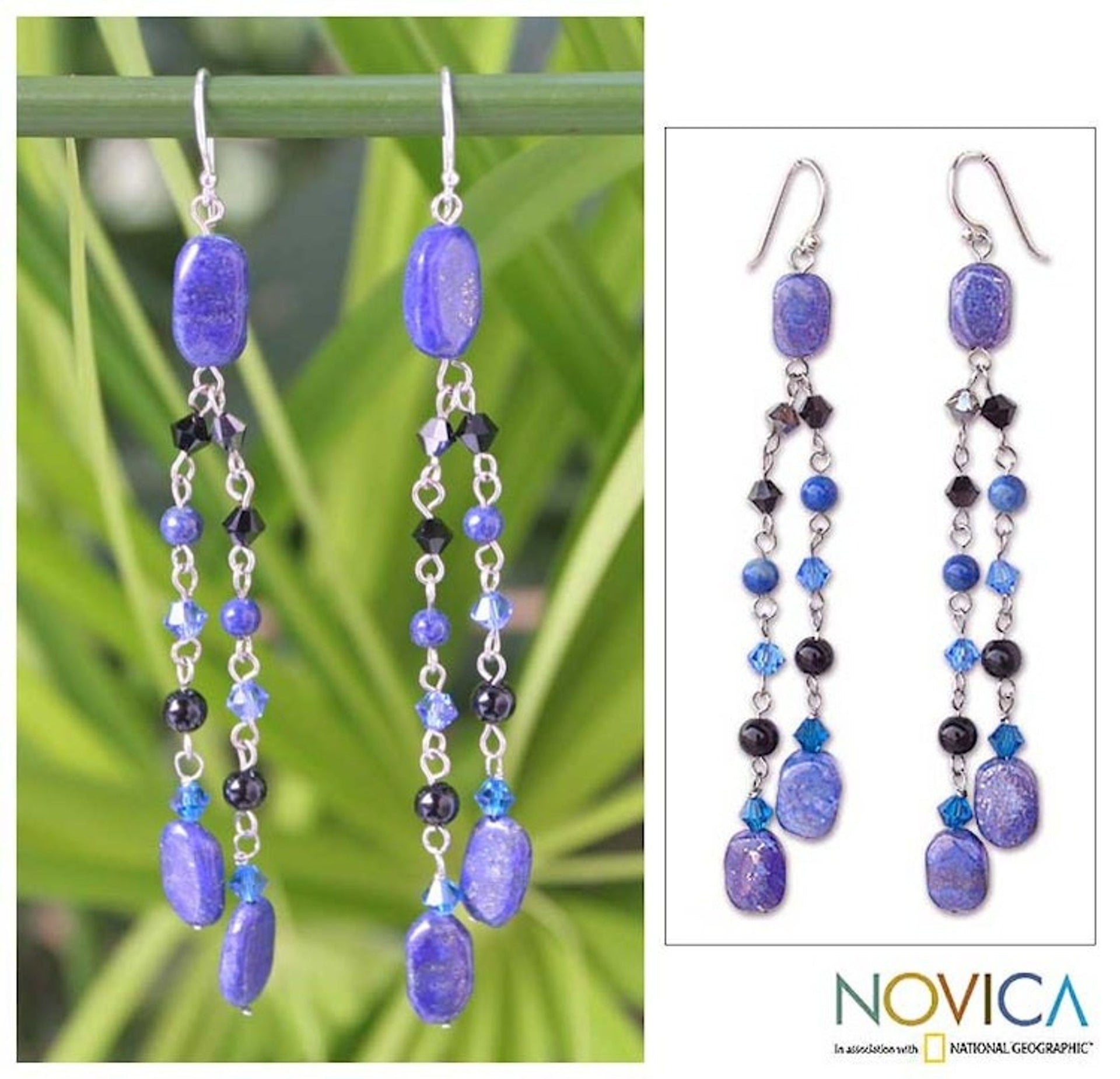 Fair Trade Lapis Lazuli Dangle Earrings 'Blue Rain Shower'
