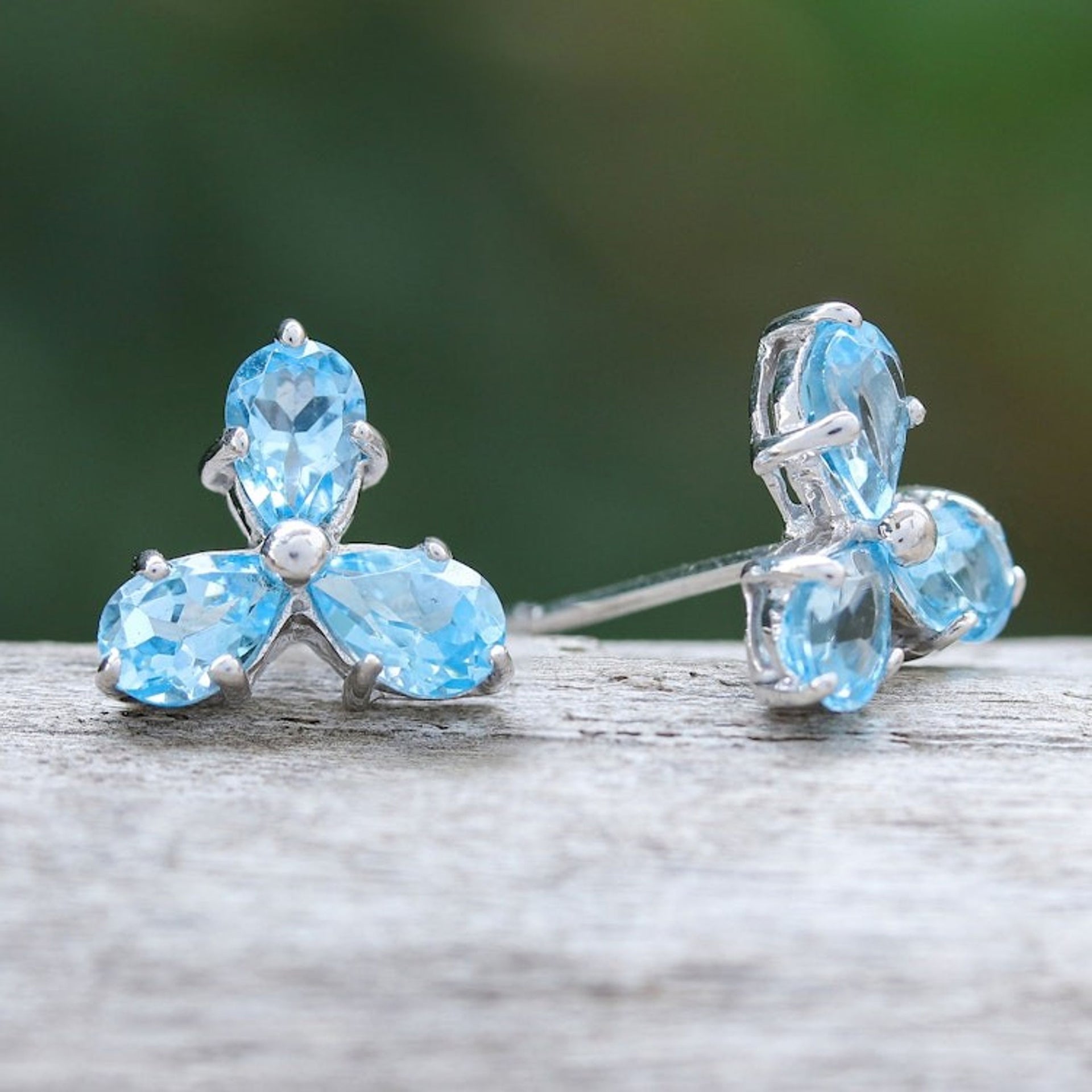 Clover-Themed Button Earrings with Two-Carat Blue Topaz Gems 'Loyalty Clover'