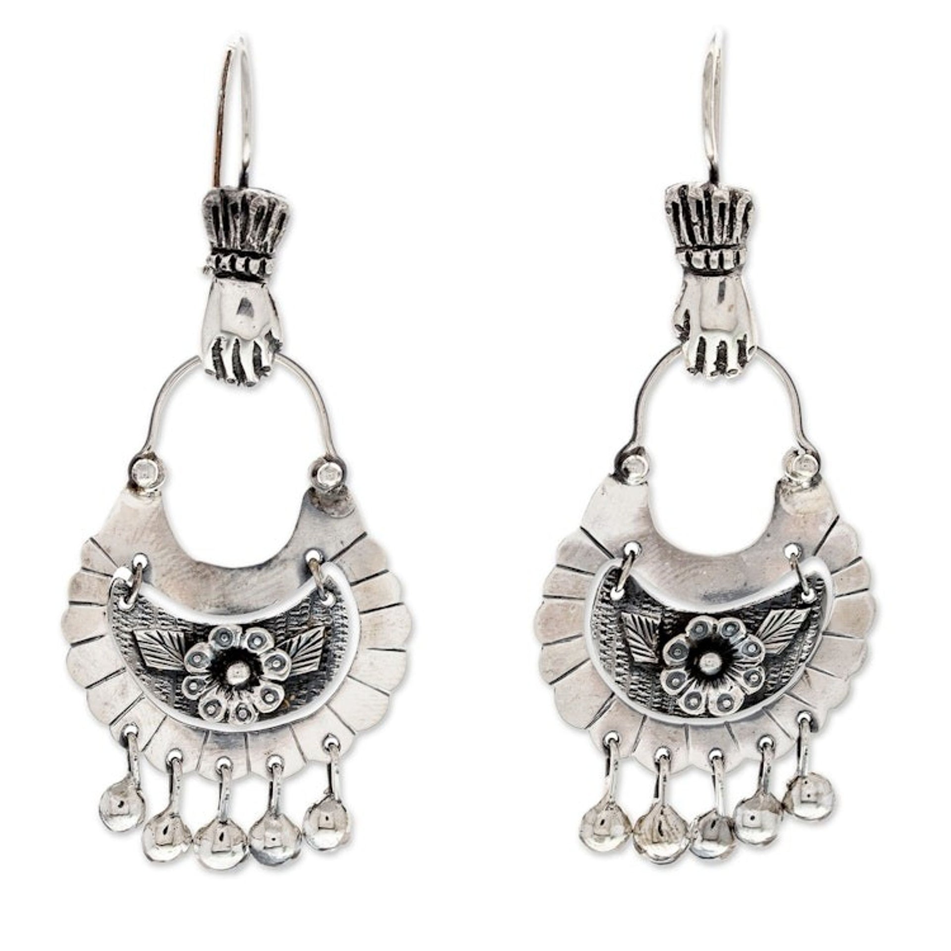 Flower-Themed Silver Chandelier Earrings from Mexico 'Floral Adoration'