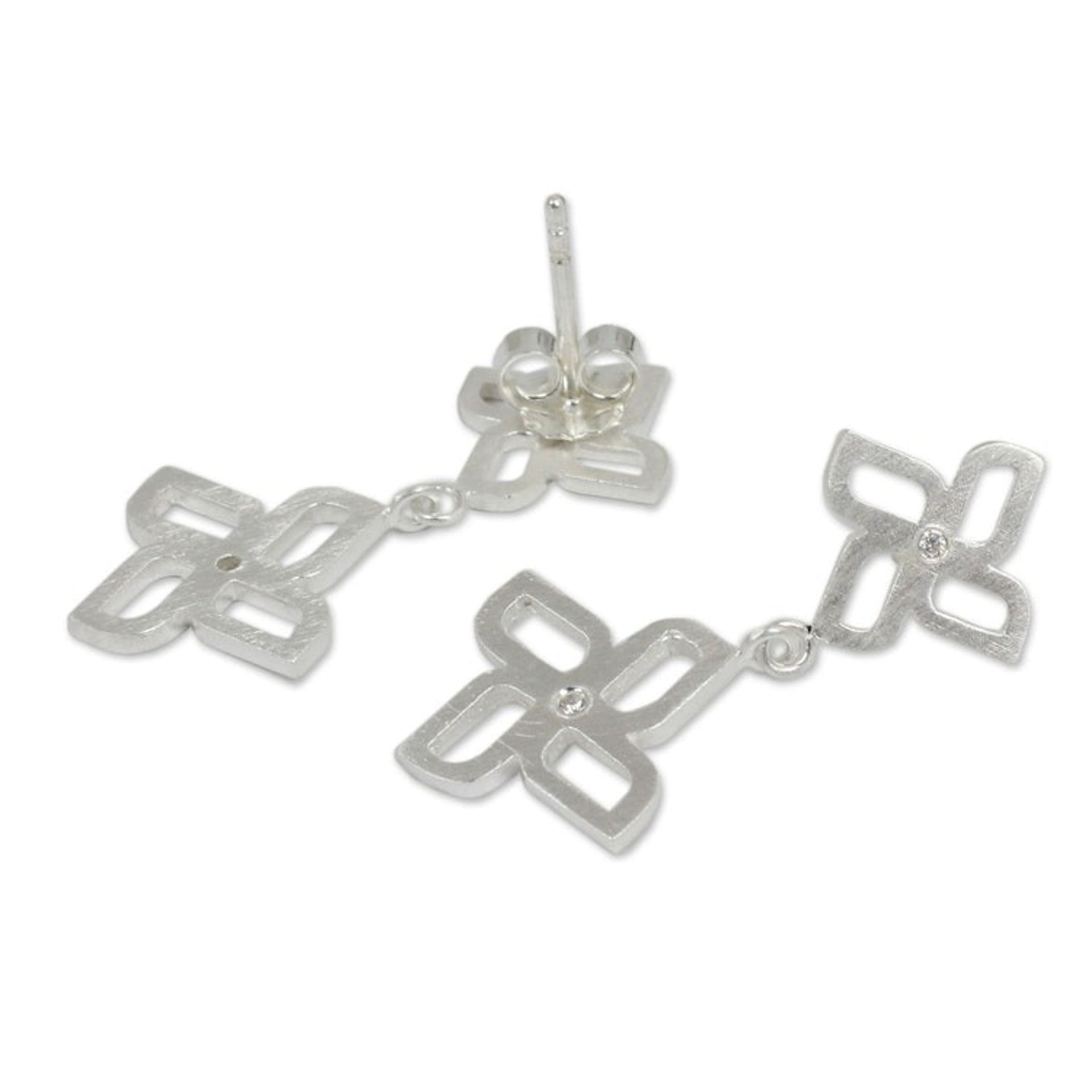 Brushed Silver Dangle Earrings with White Topaz Gemstones 'Playful Pinwheel'
