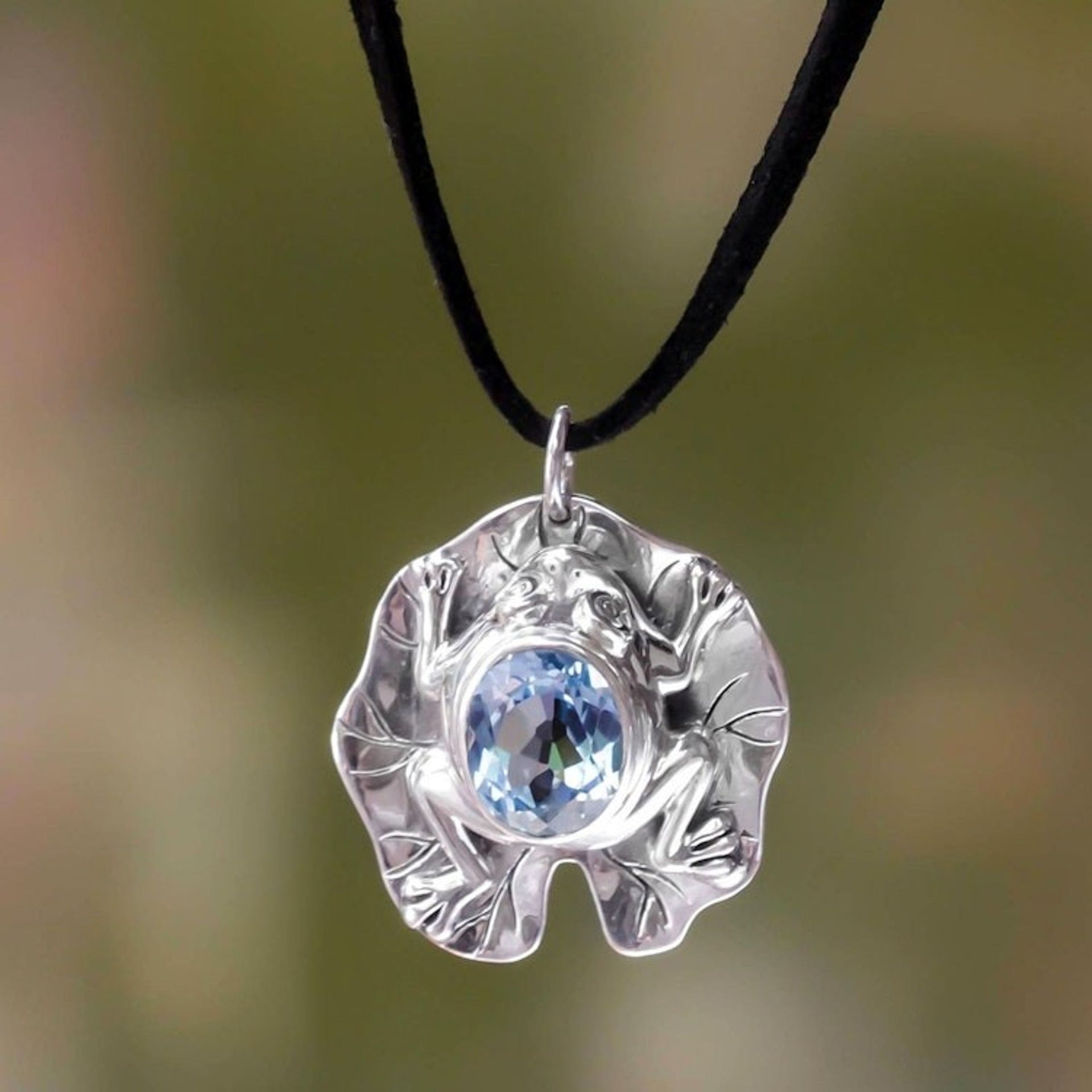 Artisan Crafted Blue Topaz Frog Necklace 'Frog Prince'