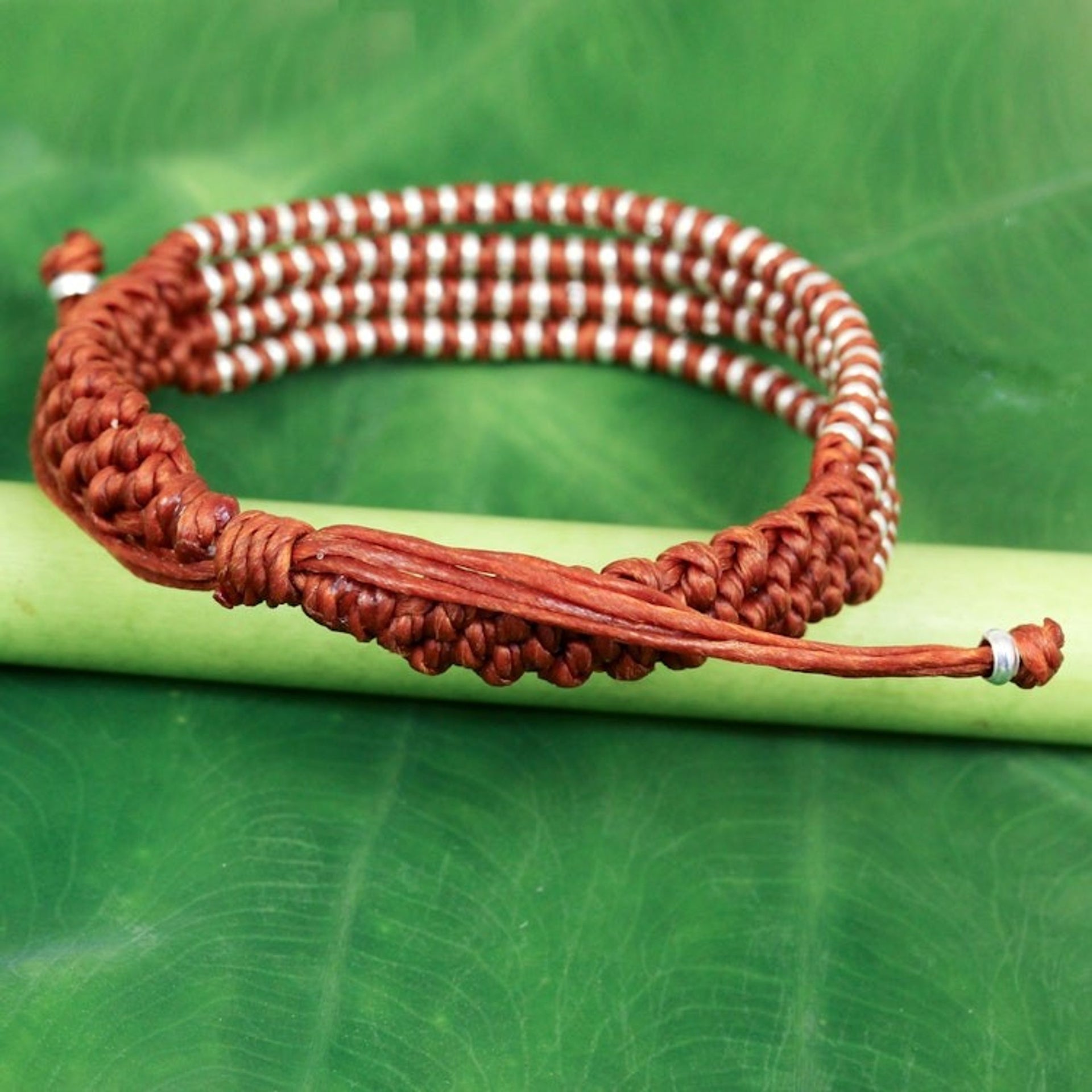 Ginger-Orange Macrame Bracelet with Hill Tribe Silver Beads 'Ginger Chiang Mai Quartet'