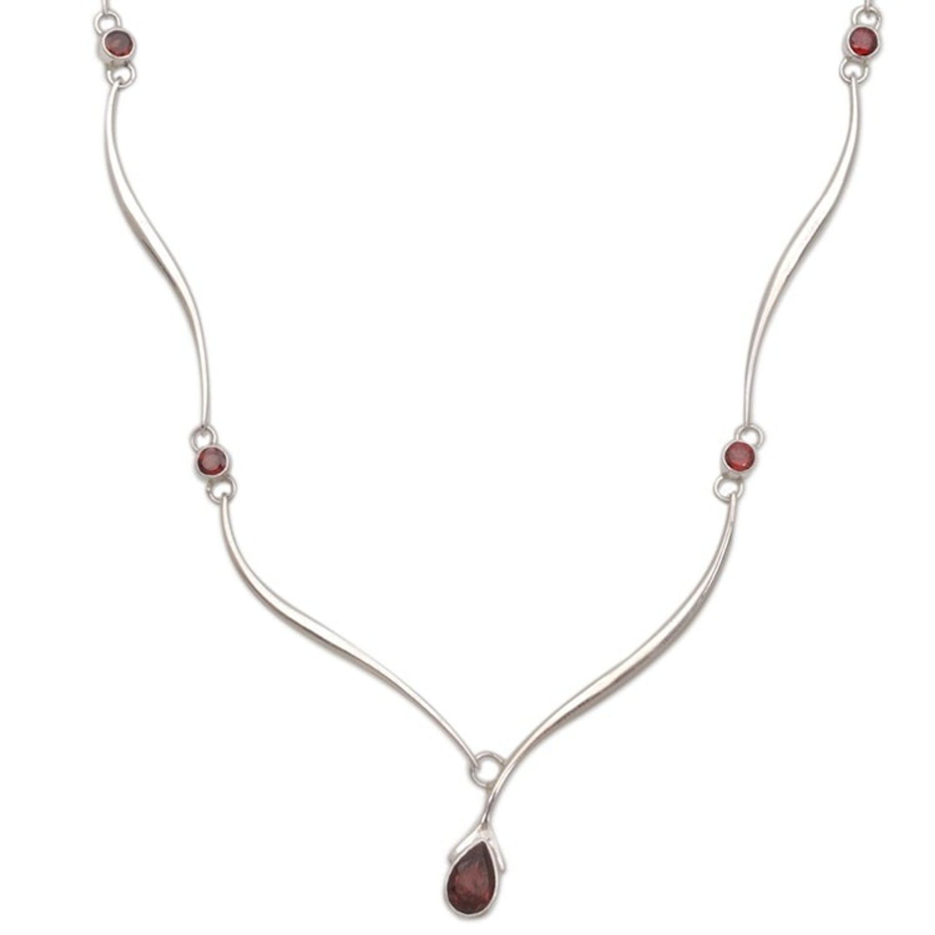 Handcrafted Sterling Silver and Garnet Necklace 'Silver Tendrils'