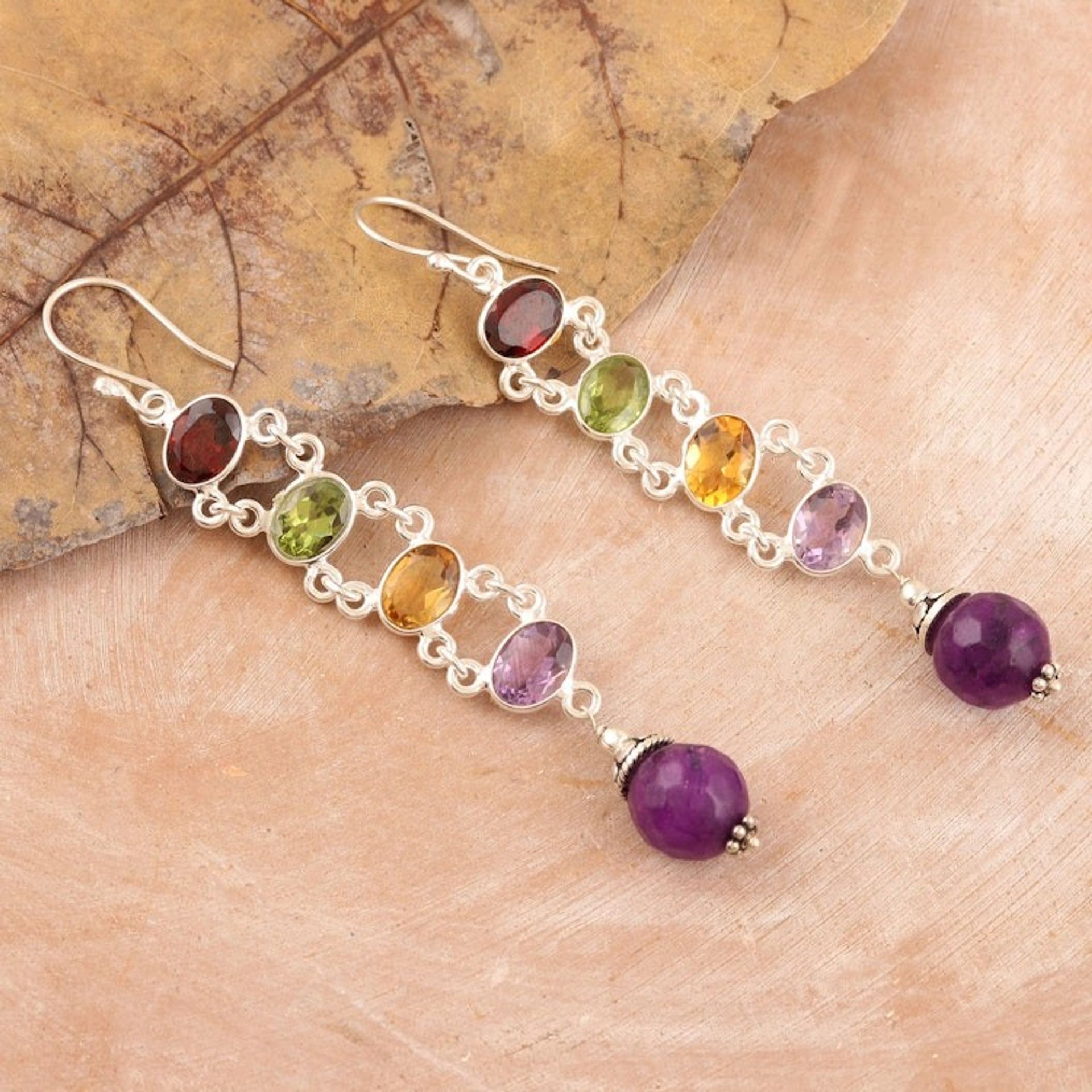 Polished Dangle Earrings with Faceted Gemstones from India 'Precious Fusions'