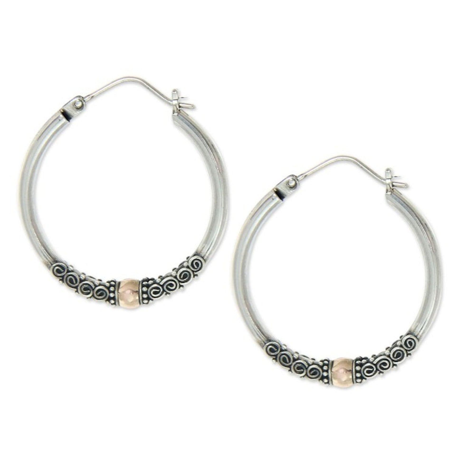 Fair Trade Gold Accented Sterling Silver Hoop Earrings 'Cloud-Kissed Moon'