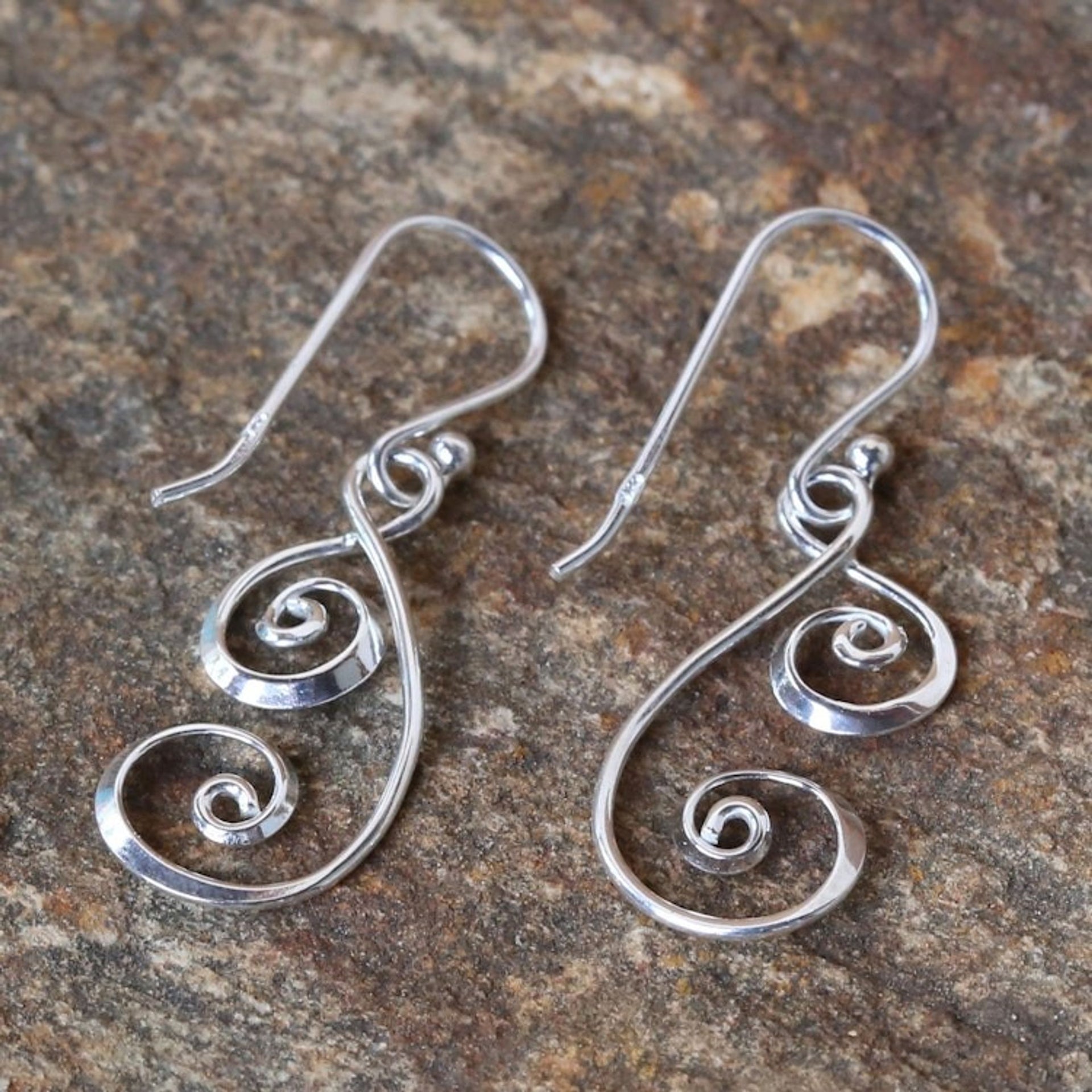 925 Sterling Silver Artisan Crafted Thai Art Dangle Earrings 'Lanna Spirals'