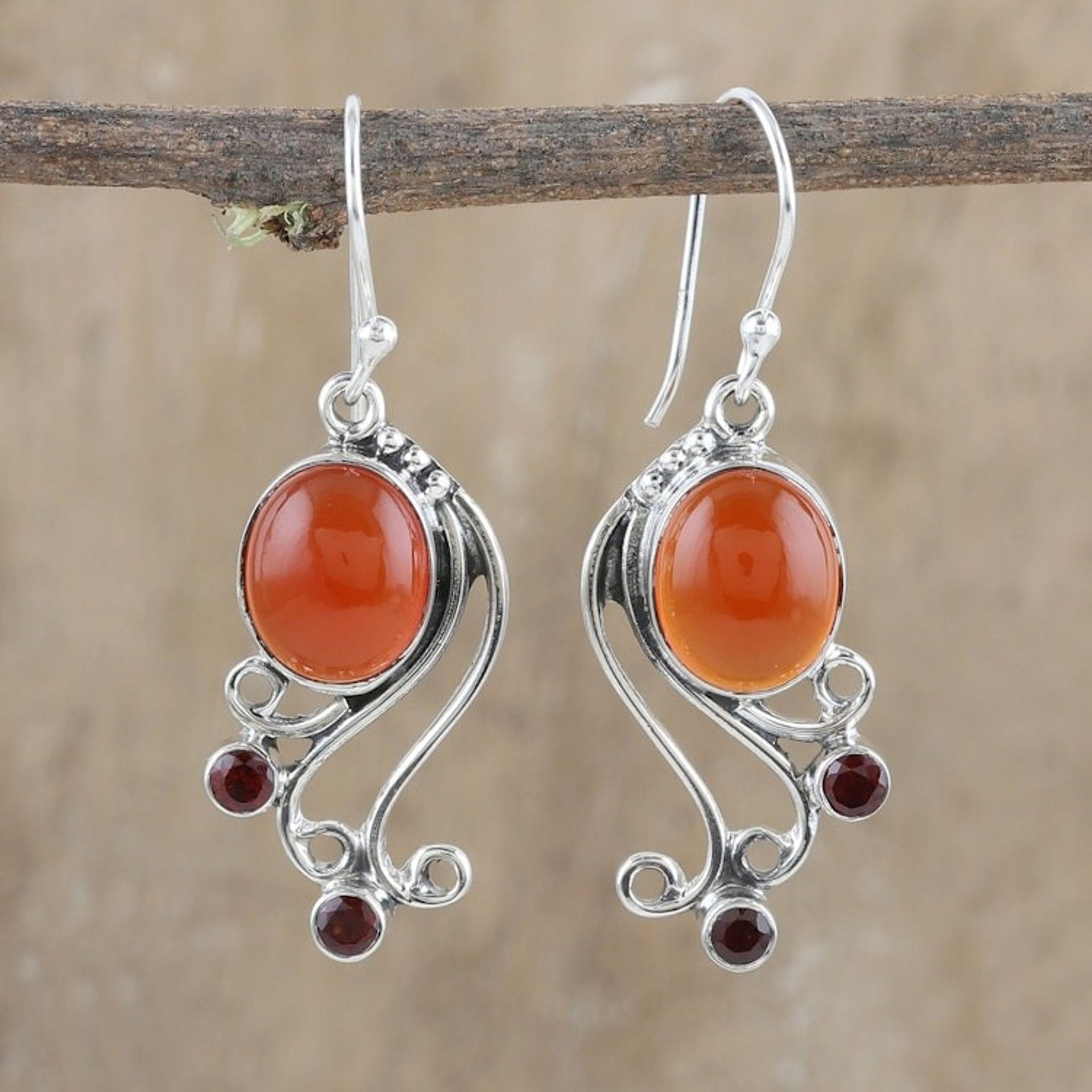 Sterling Silver Dangle Earrings with Carnelian and Garnet 'Vibrant Swirls'