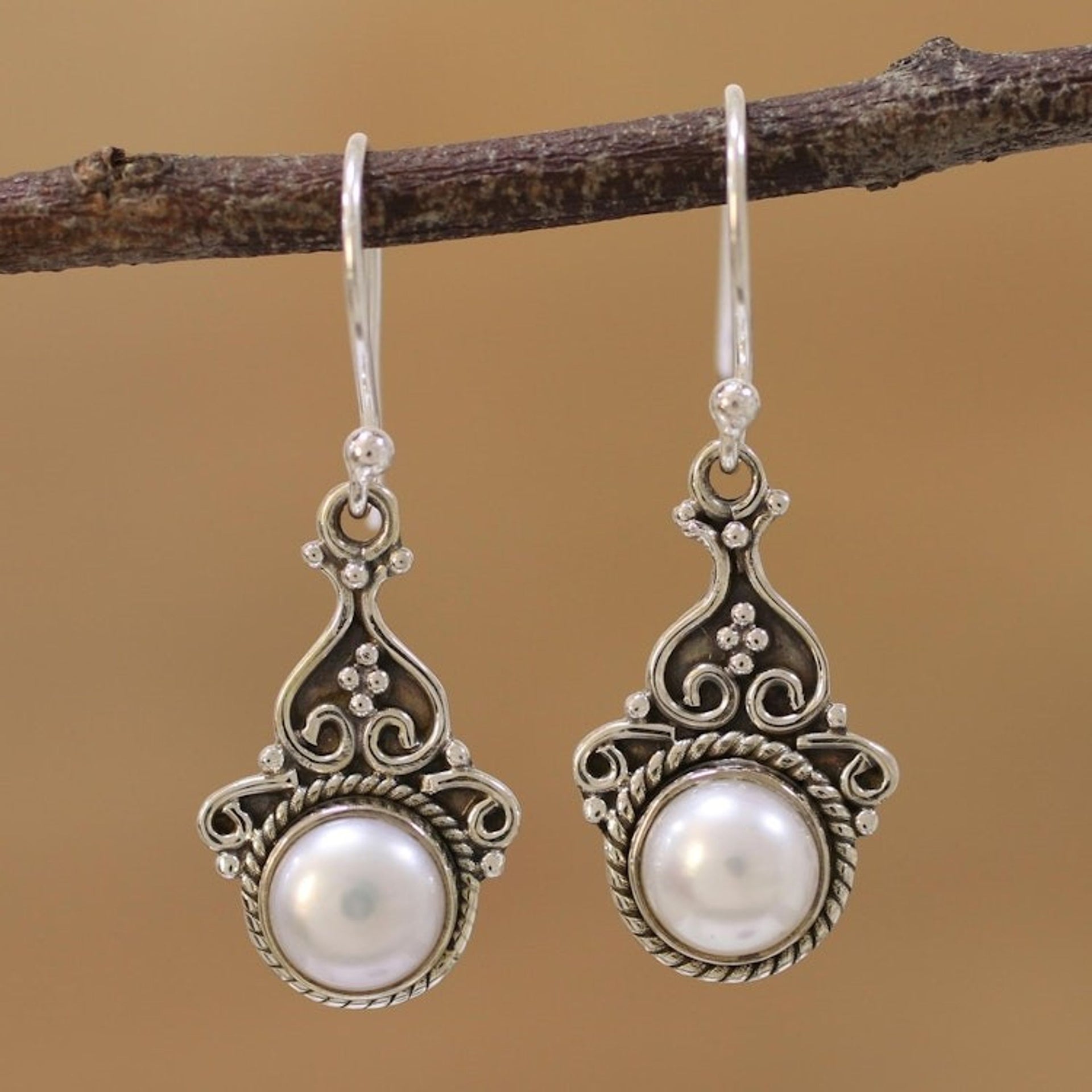 Cultured Pearl Sterling Silver Dangle Earrings from India 'Crowned Charm'