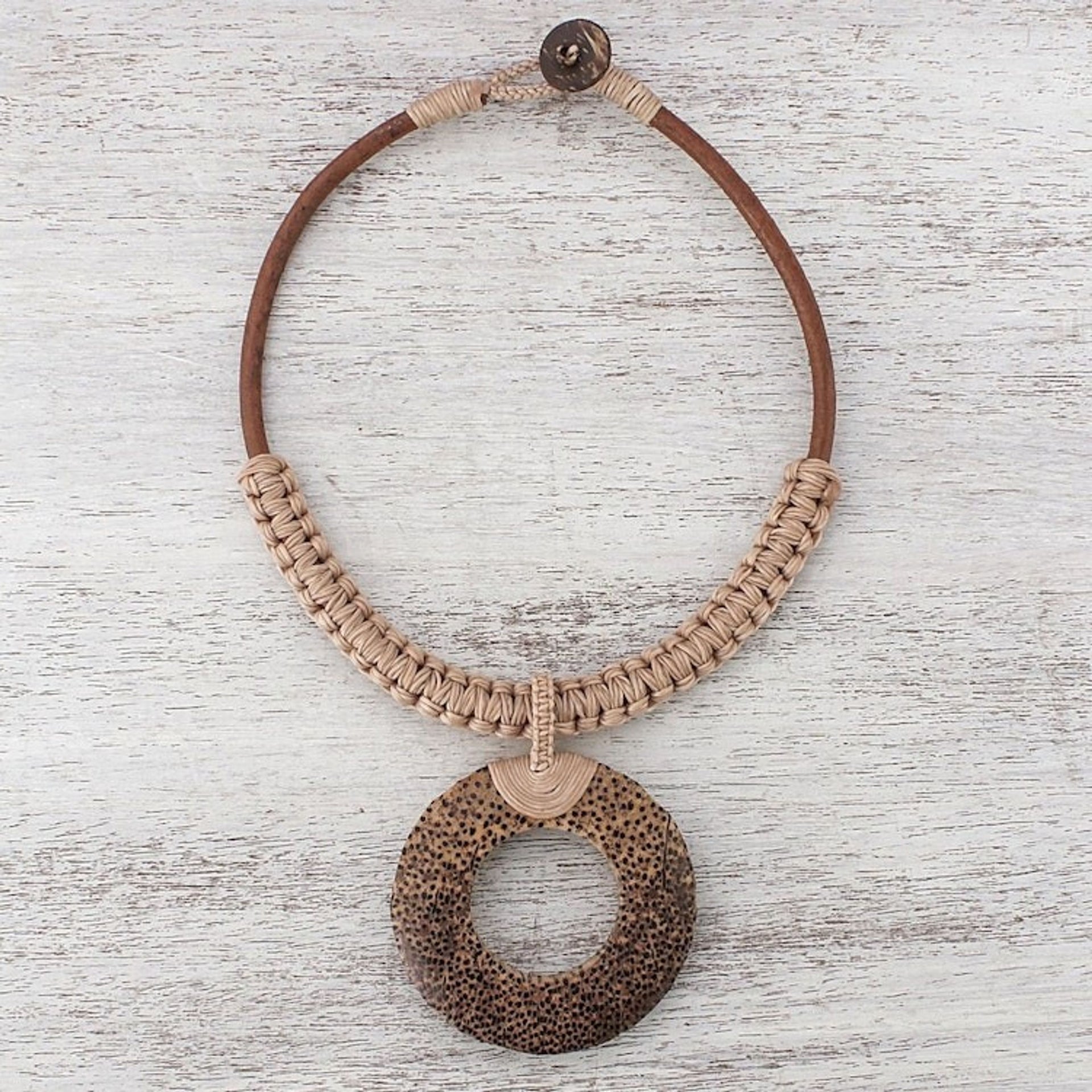 Handcrafted Coconut Wood and Leather Cord Pendant Necklace 'Earth Ring in Ecru'
