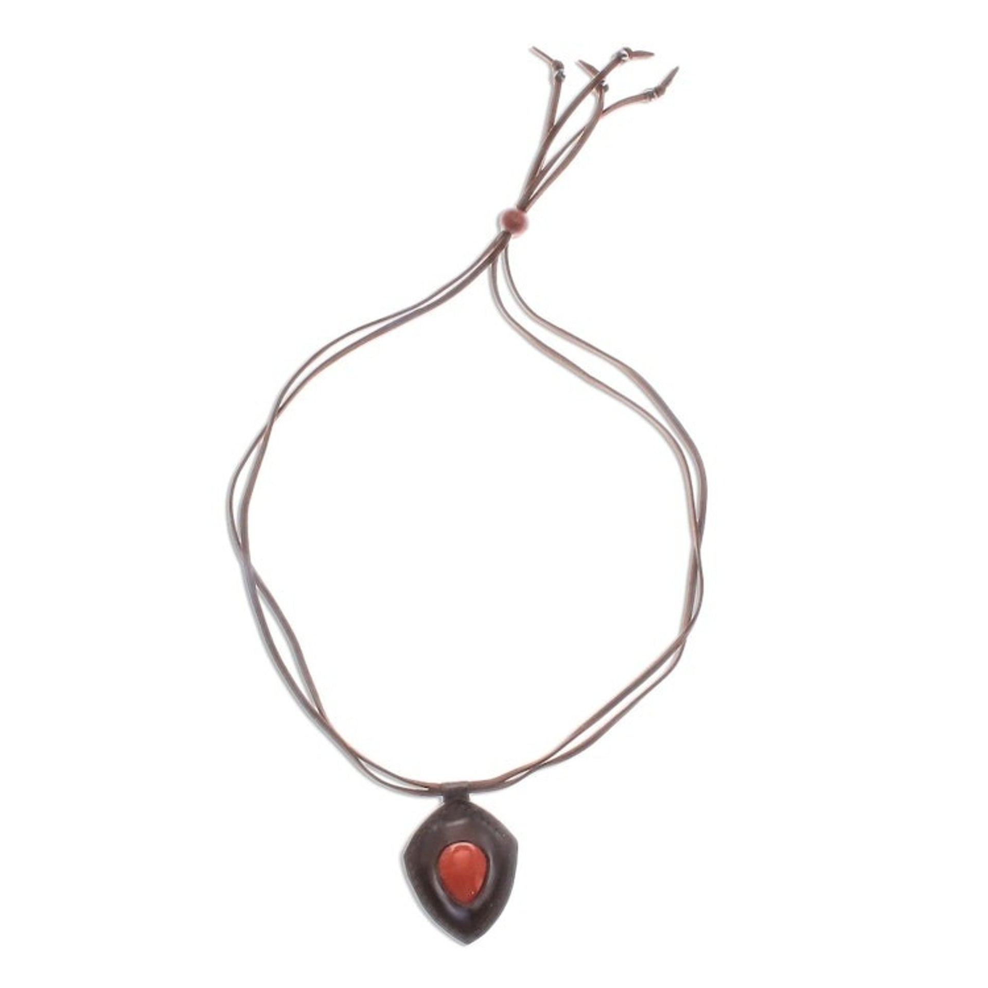 Jasper and Leather Pendant Necklace from Thailand 'Bold Shield'