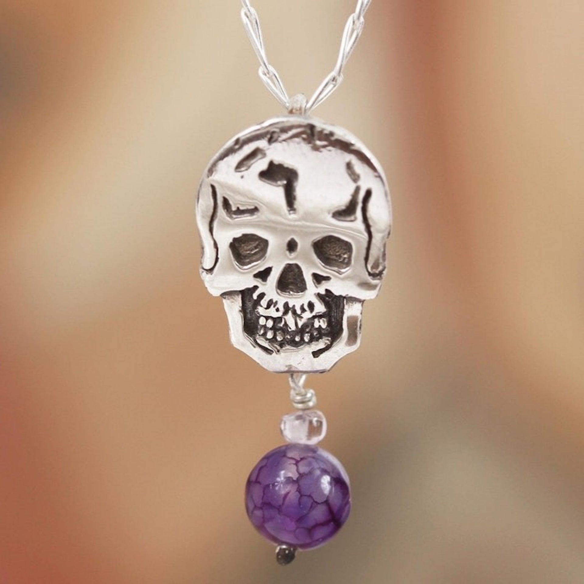 Agate and Amethyst Skull Pendant Necklace from Mexico 'Transition'