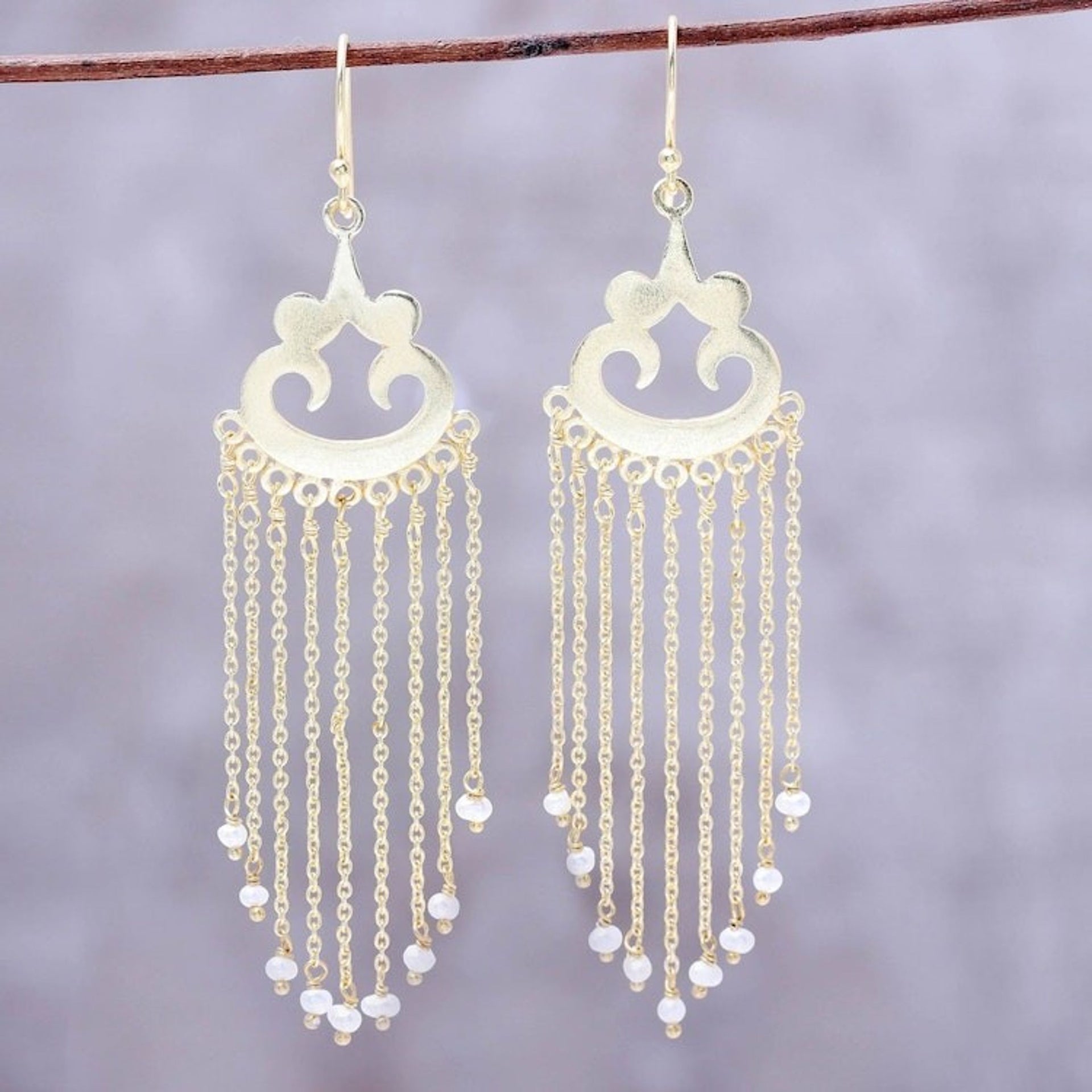 Gold Plated Cultured Pearl Waterfall Earrings from India 'Glowing Rain'