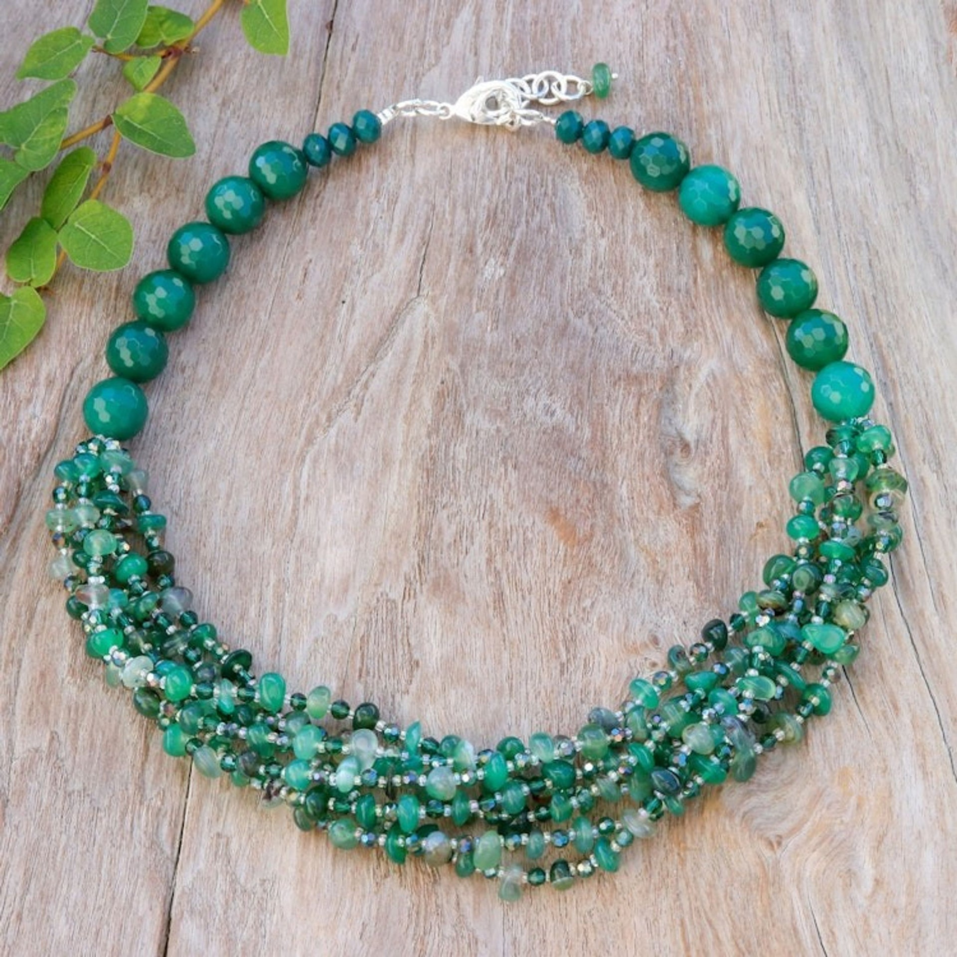 Green-Toned Chalcedony and Glass Beaded Strand Necklace 'Thoughtful Jewels'