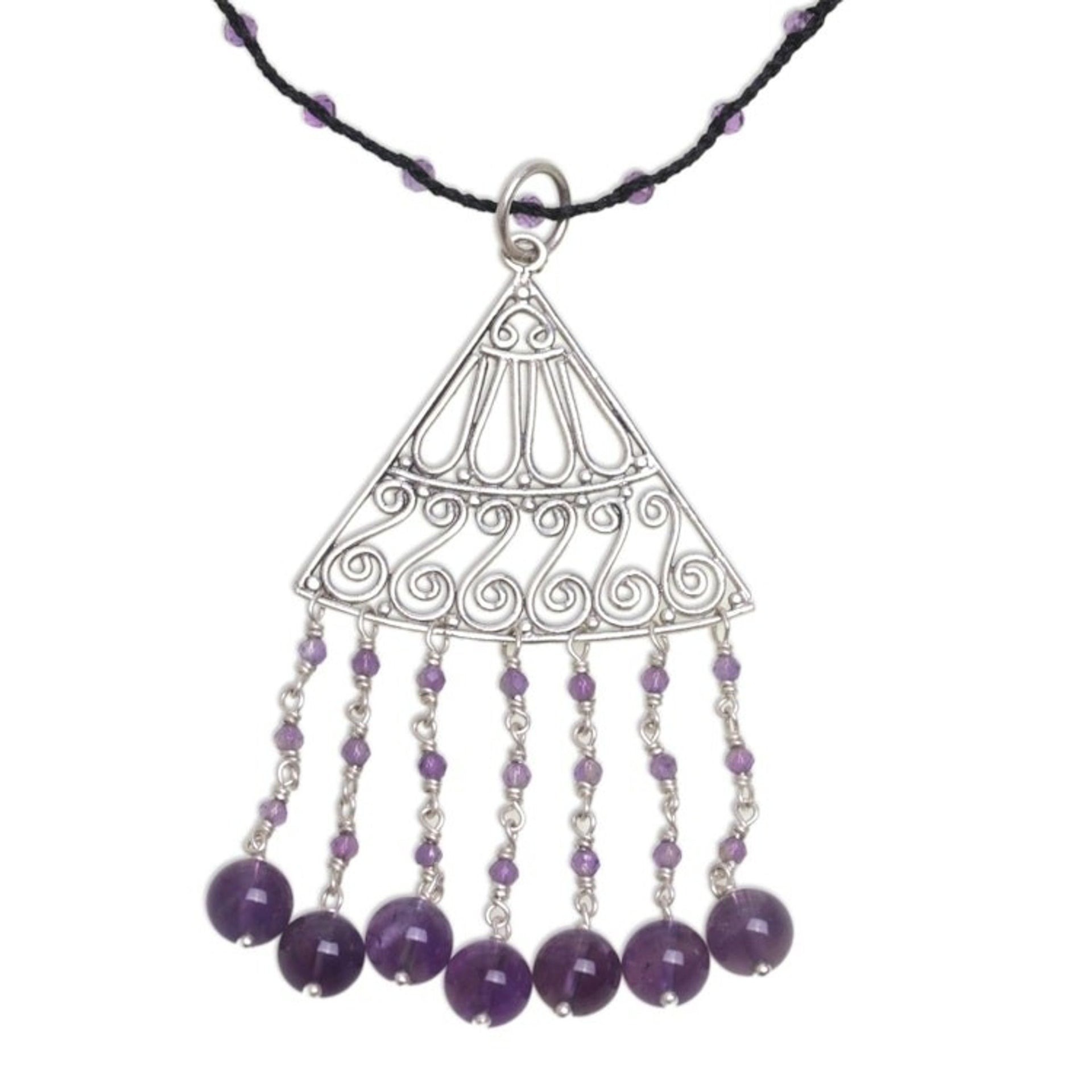 Amethyst and Black Cord Pendant Necklace Handmade in Bali 'Rise and Fall in Black'