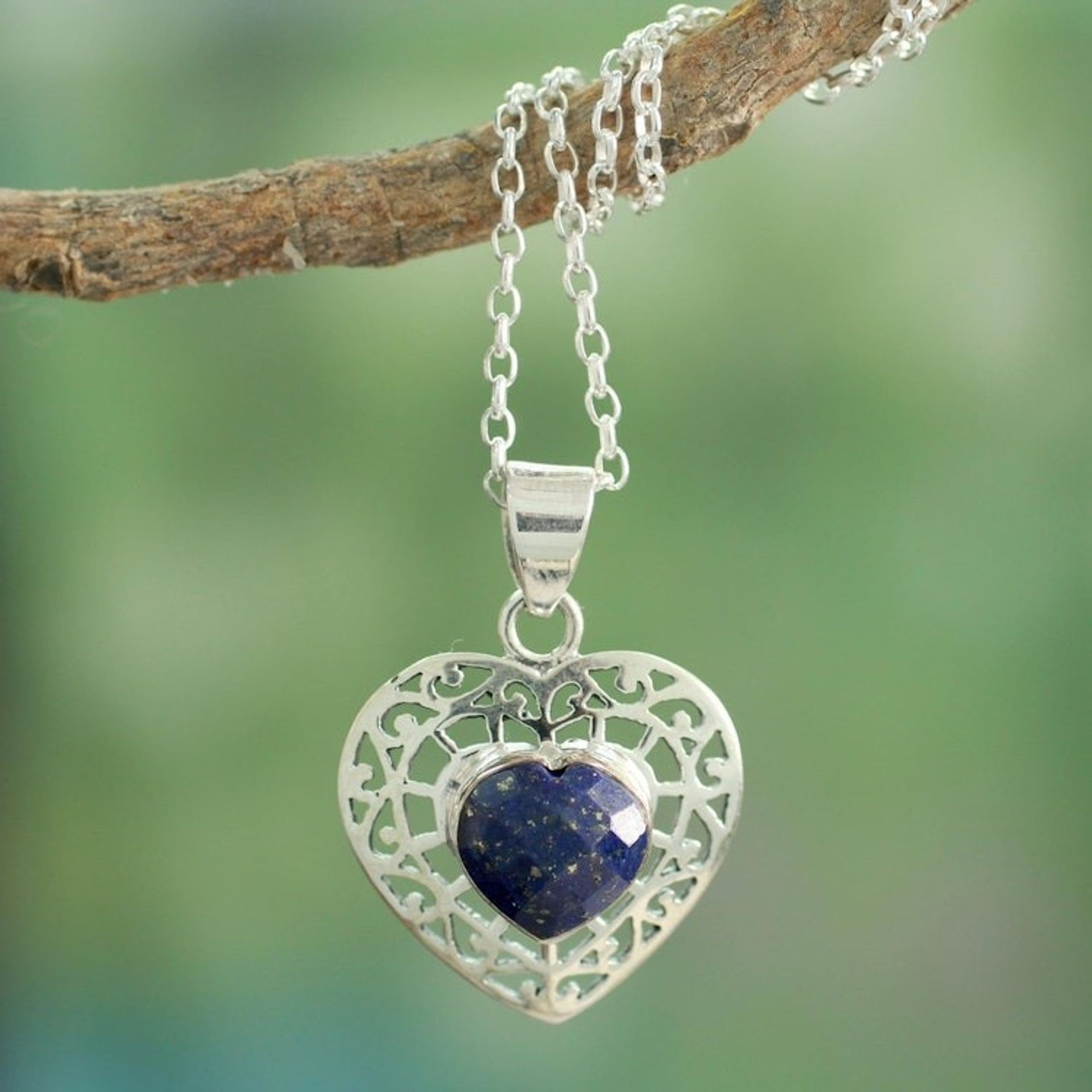 Heart Shaped Sterling Silver and Lapis Lazuli Necklace 'Mughal Romance'