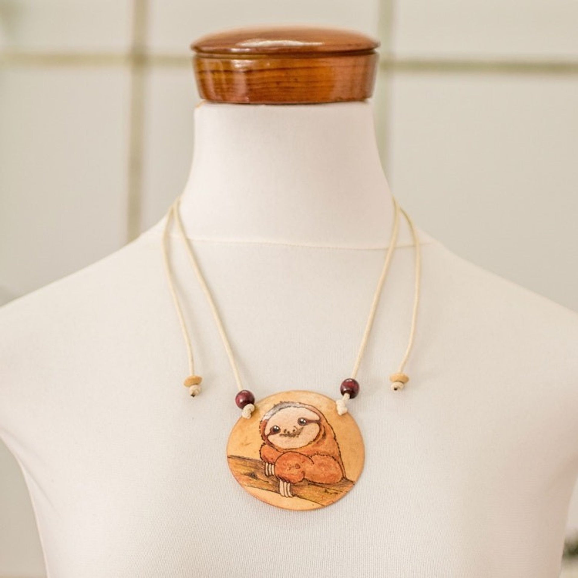 Hand-Painted Calabash Gourd Sloth Pendant Necklace 'Calm Portrayal'