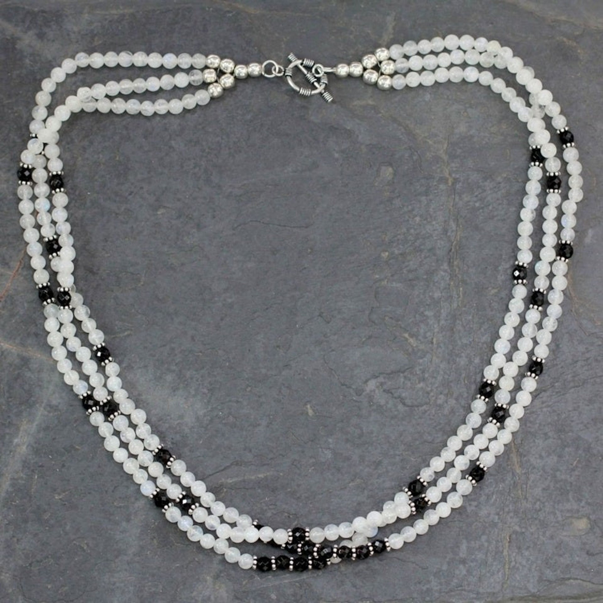 Fair Trade Artisan Crafted Moonstone and Onyx Necklace 'Moonlit Serenade'