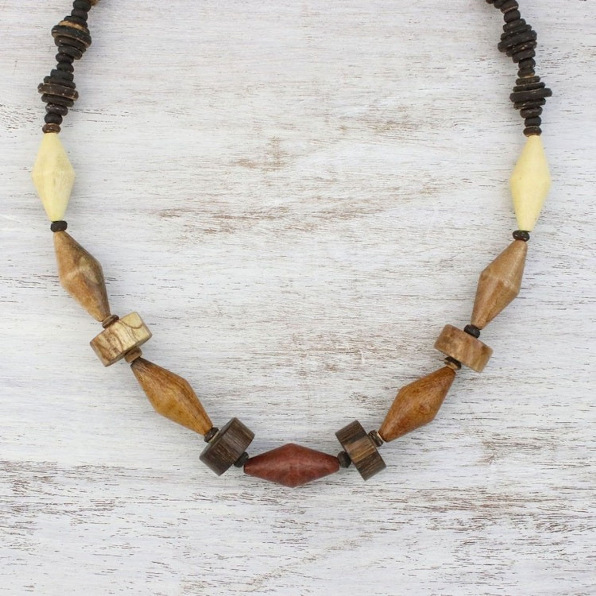 Wood and Coconut Shell Long Bead Necklace from Thailand 'Summer Traveler'