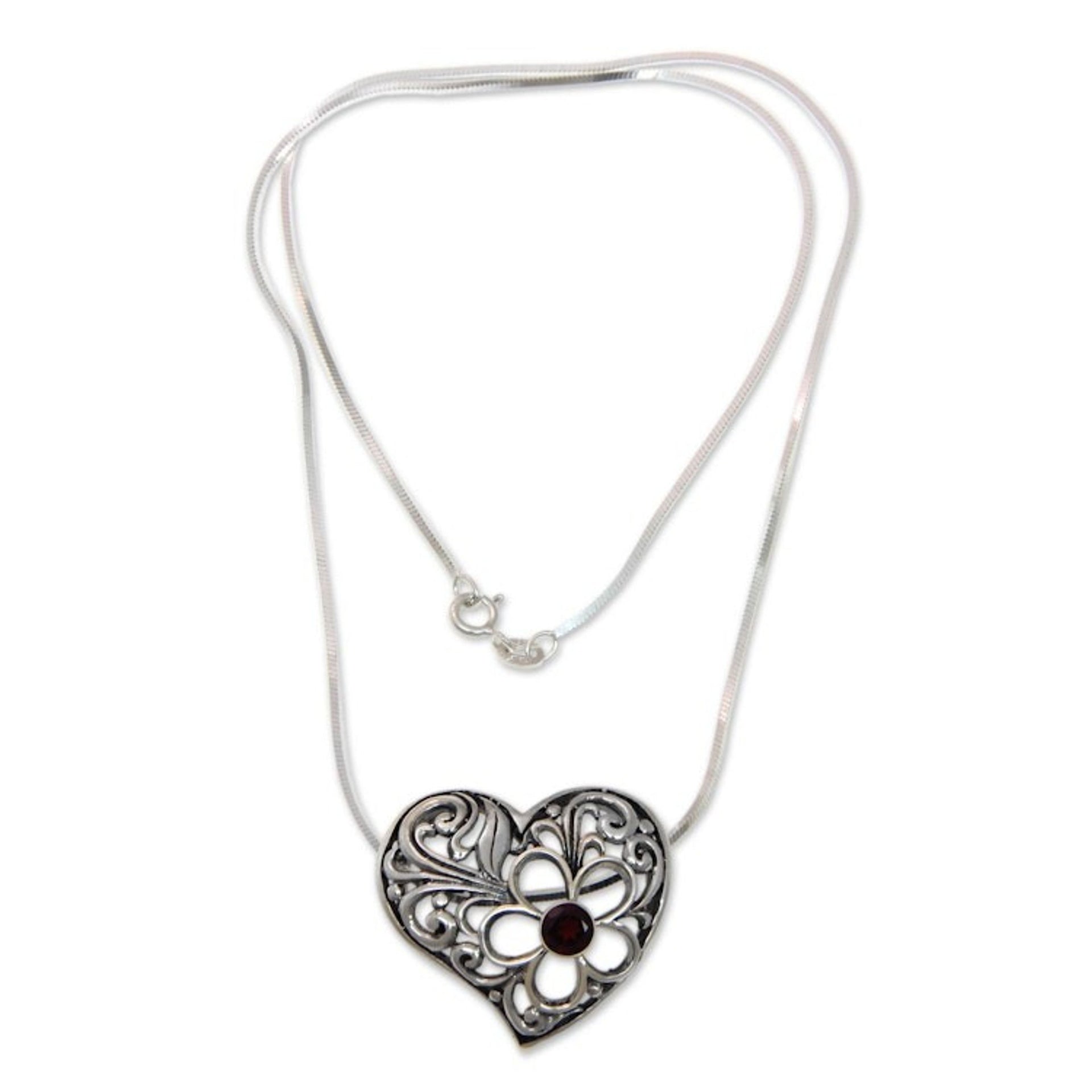 Sterling Silver Heart Pendant Necklace with Garnet 'Blooming Heart'