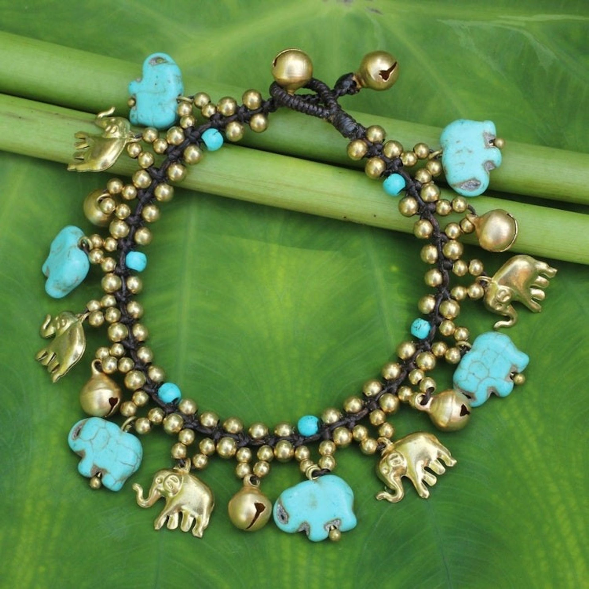 Elephant Charm Bracelet with Brass and Blue Calcite Beads 'Elephant World'
